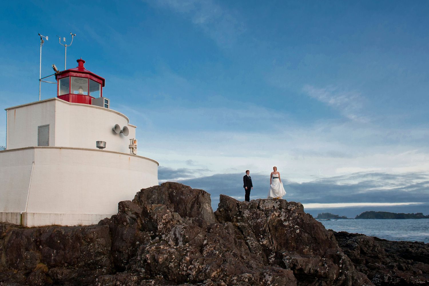 Scenic lighthouse portraits with dramatic coastal views and blue skies.