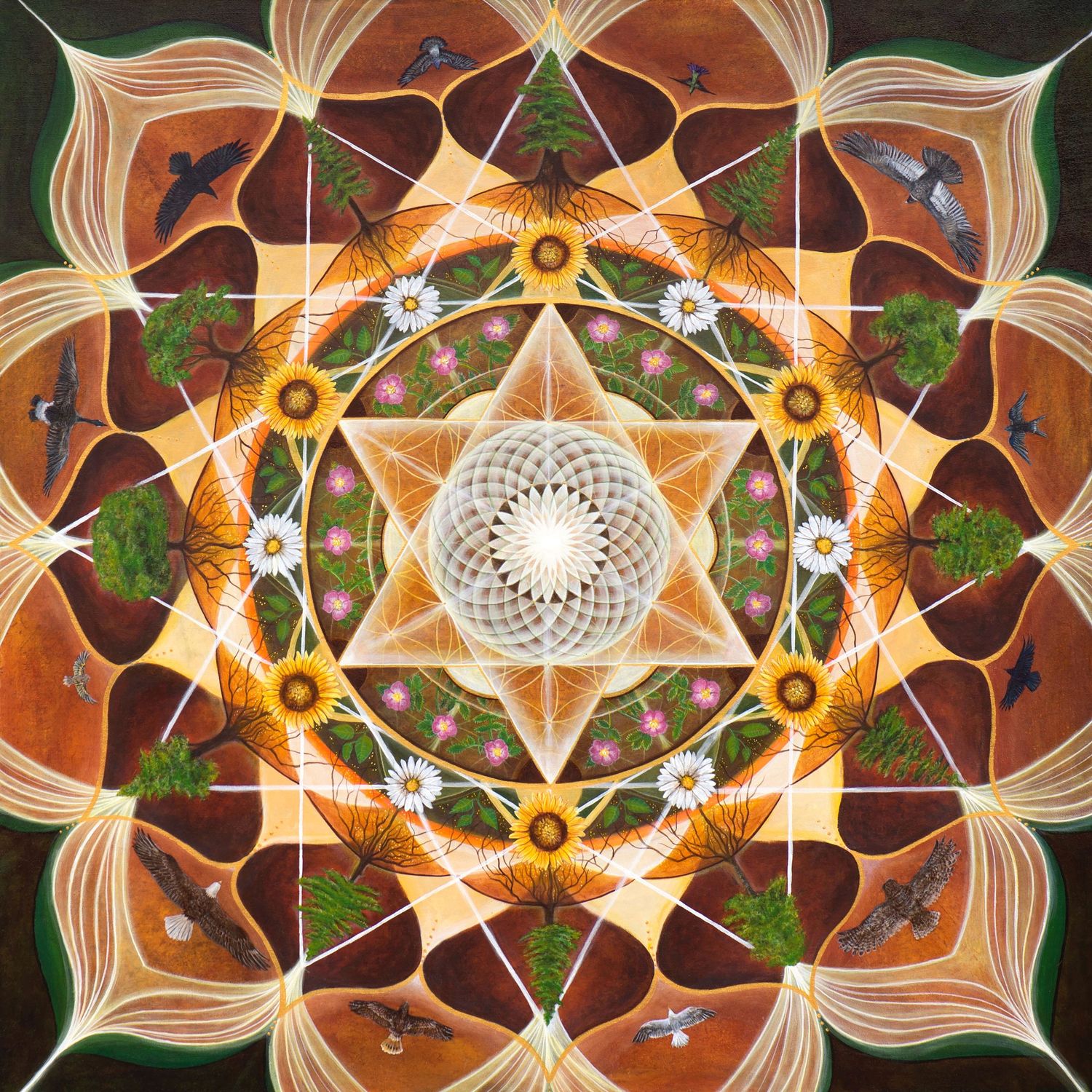 Abstract digital artwork featuring symmetrical patterns in orange, brown and white with glowing star-like elements.