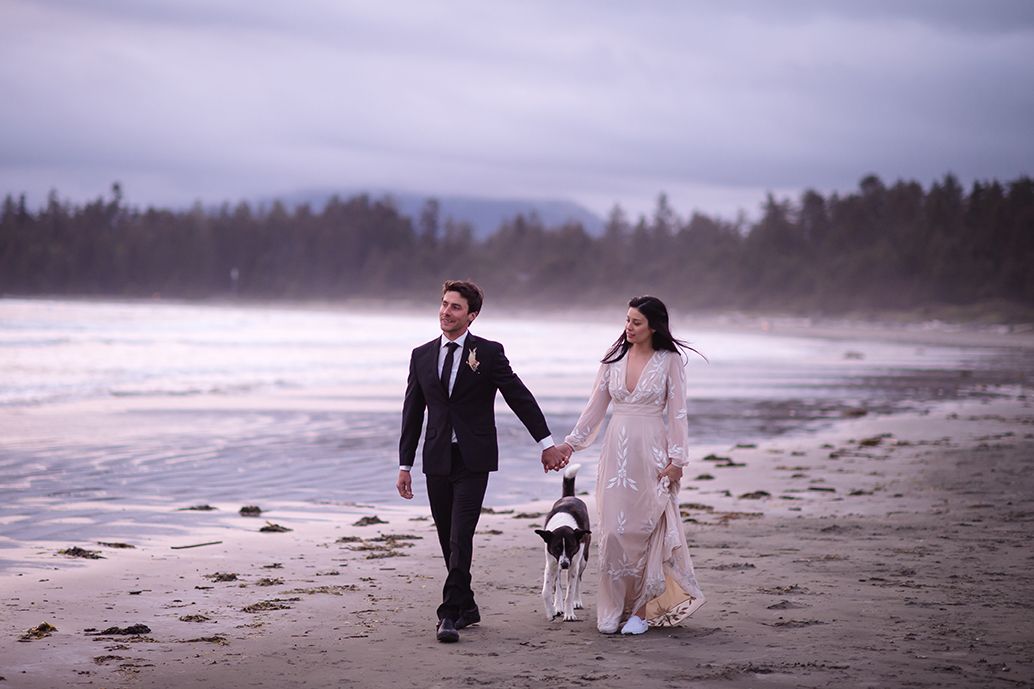Romantic beach wedding photos on a misty Pacific Northwest coastline.