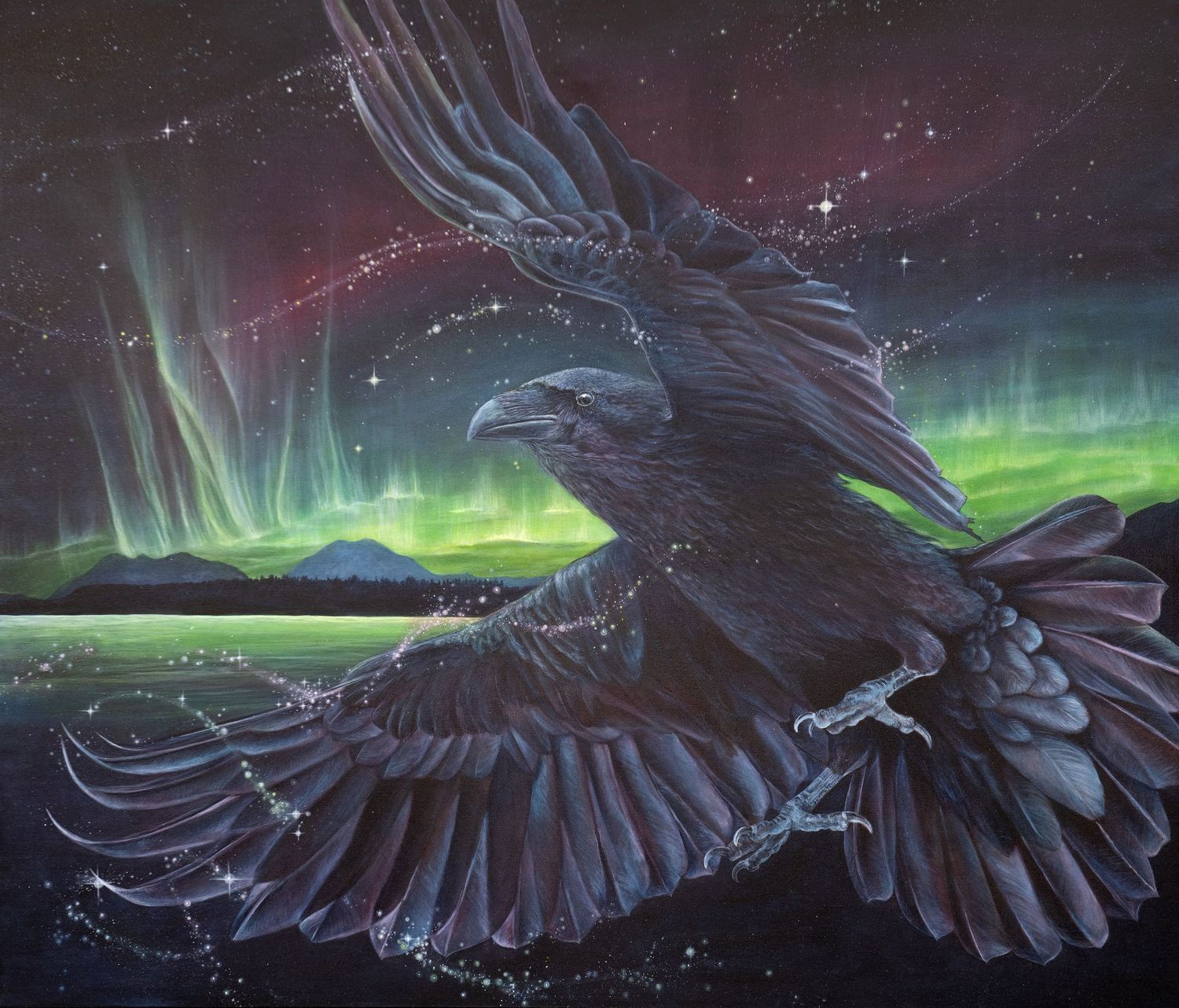 A stunning timelapse sequence shows the Northern Lights dancing across a dark starry sky with silhouetted trees below.