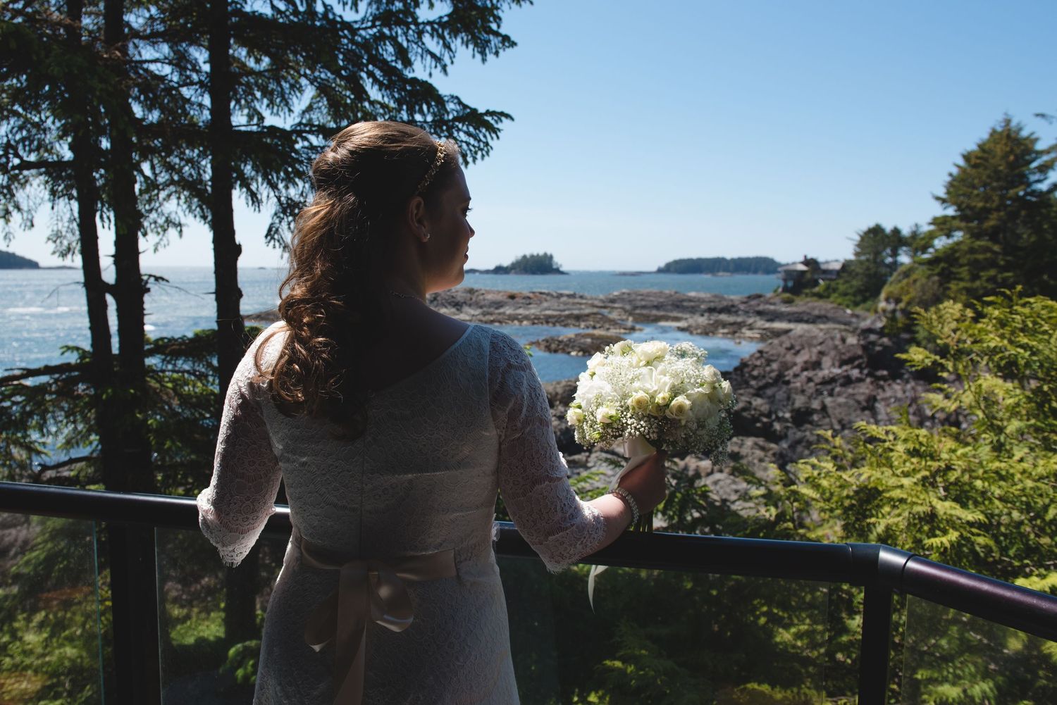 Scenic coastal landscape with evergreen trees and rocky shoreline under blue skies.