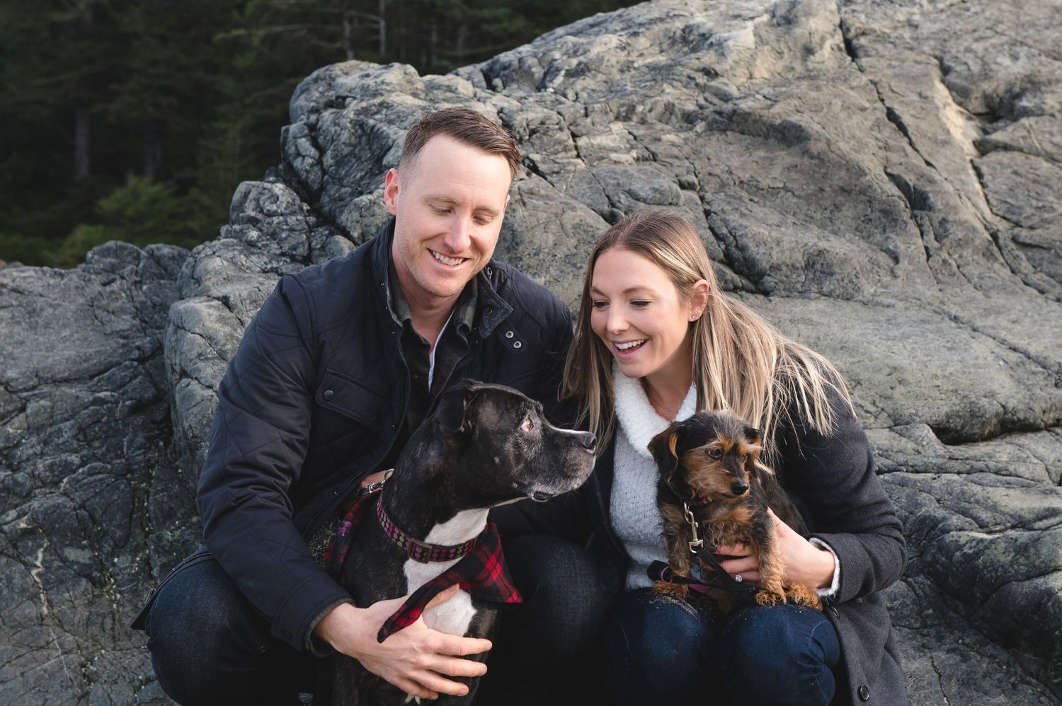 Couple sitting with their dog on coastal rocks with ocean views.