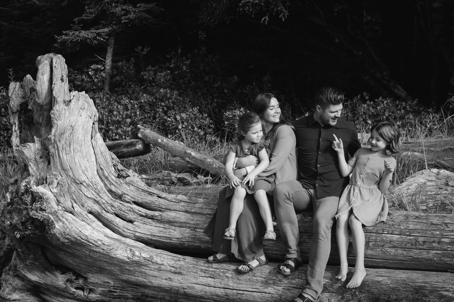 Black and white photos of a couple sitting on driftwood at the beach.