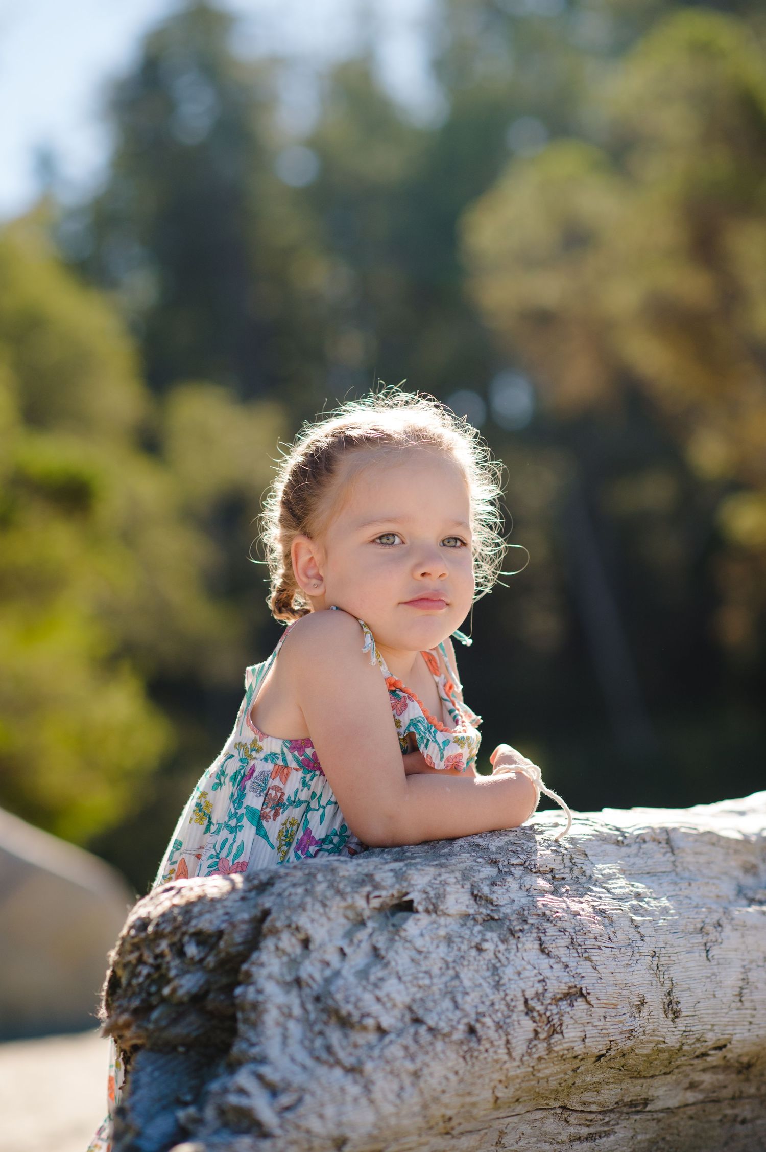 Child in floral dress leaning on fallen tree trunk in sunny outdoor setting.