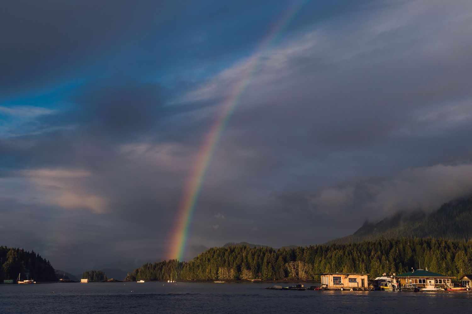 Double rainbow appears over a coastal harbor with forested hills in the background.