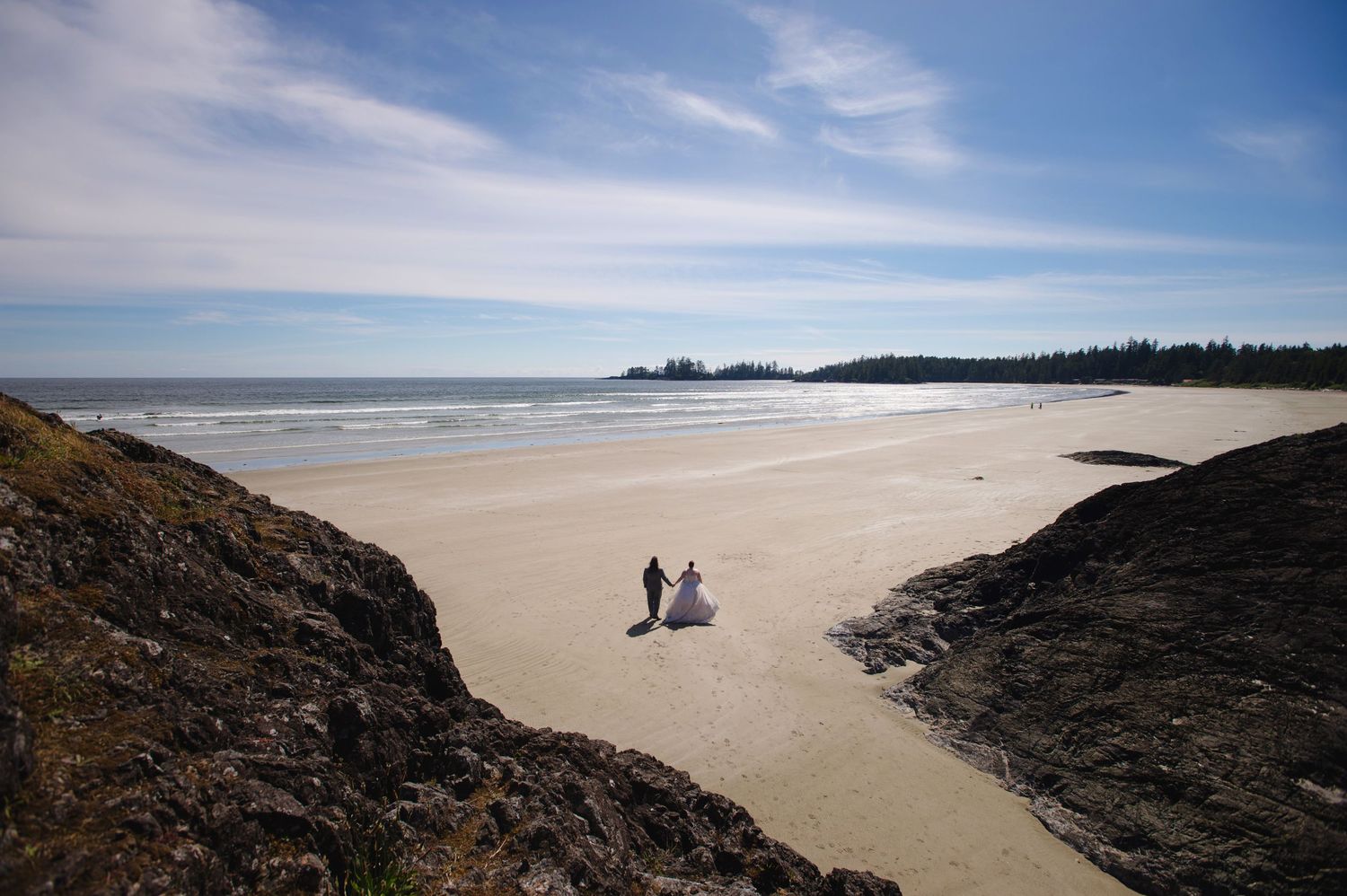 Scenic panoramic view of a rugged coastline with sandy beaches and rocky cliffs stretching along the Pacific Ocean.