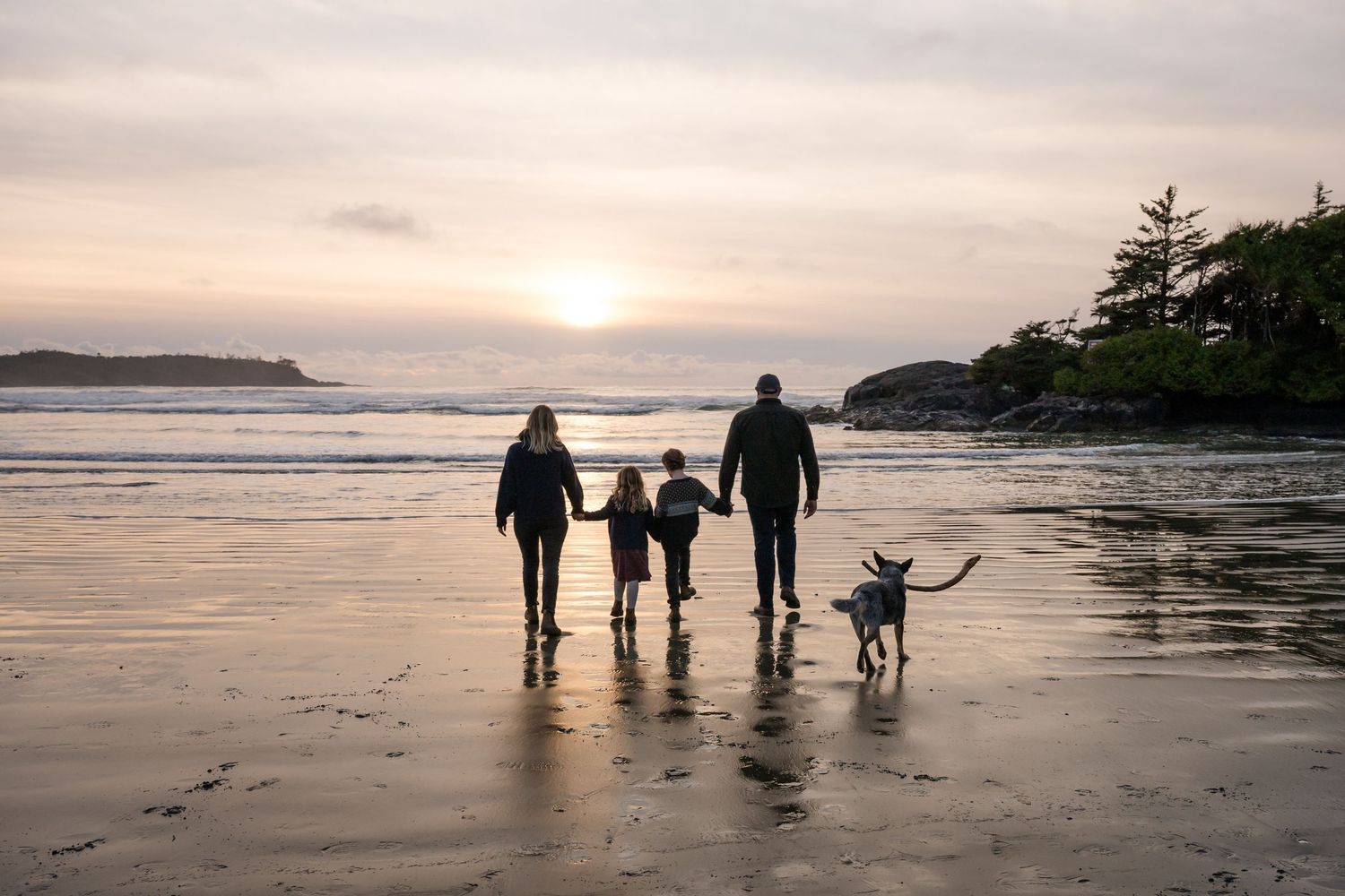 Family with dog walking hand-in-hand on a scenic Tofino beach at sunset, with calm waves and trees in the background.
