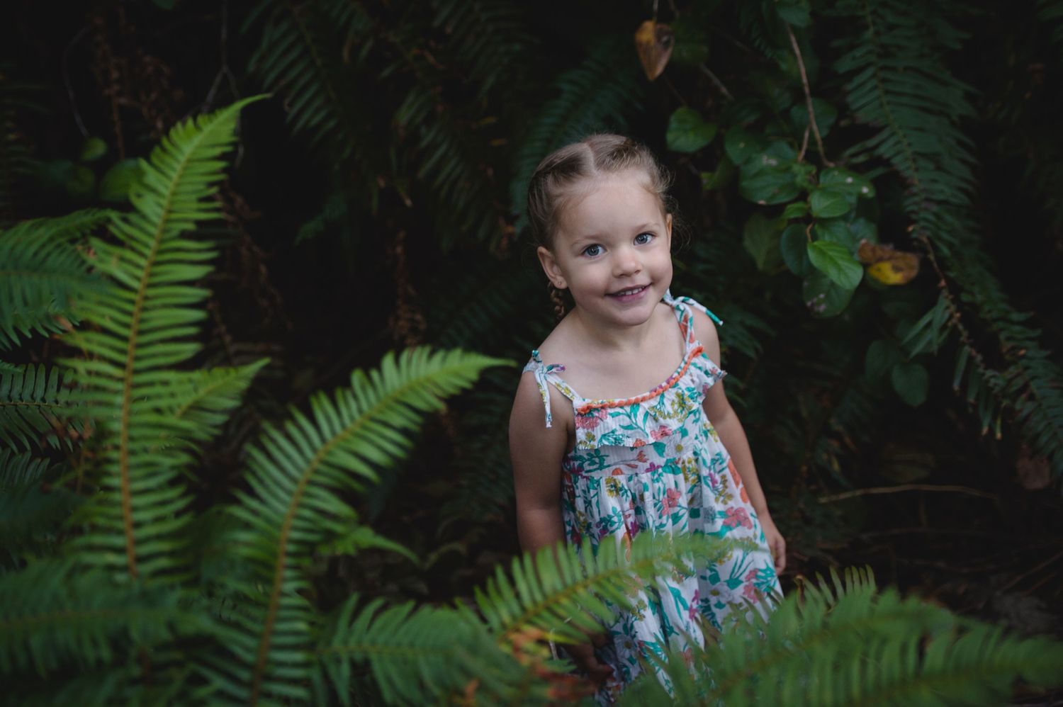 Child in floral dress exploring among lush green ferns in forest setting.