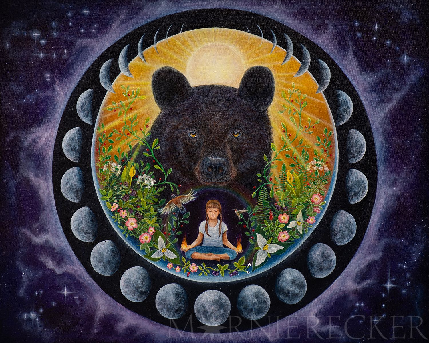 Mystical artwork showing a large black bear with moon phases border, surrounded by flowers and cosmic elements in a spiritual scene.