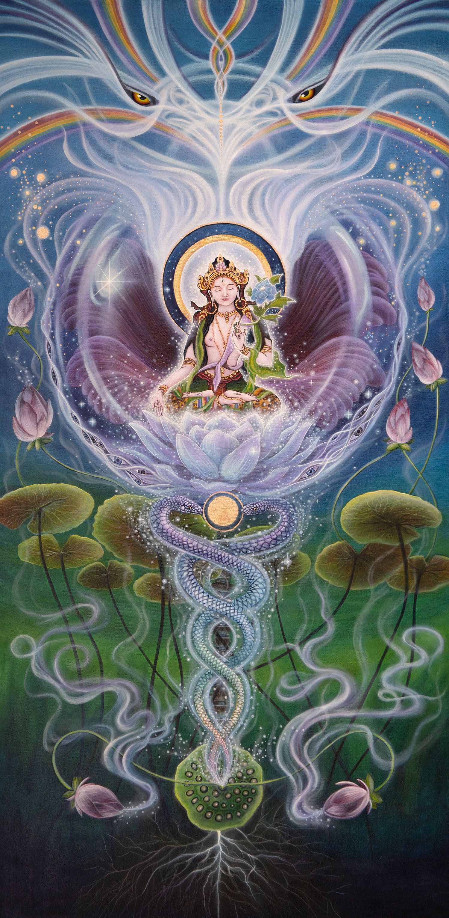 Ethereal fantasy art shows a mystical dragon emerging from lily pads with swirling magical energy and celestial beings above.