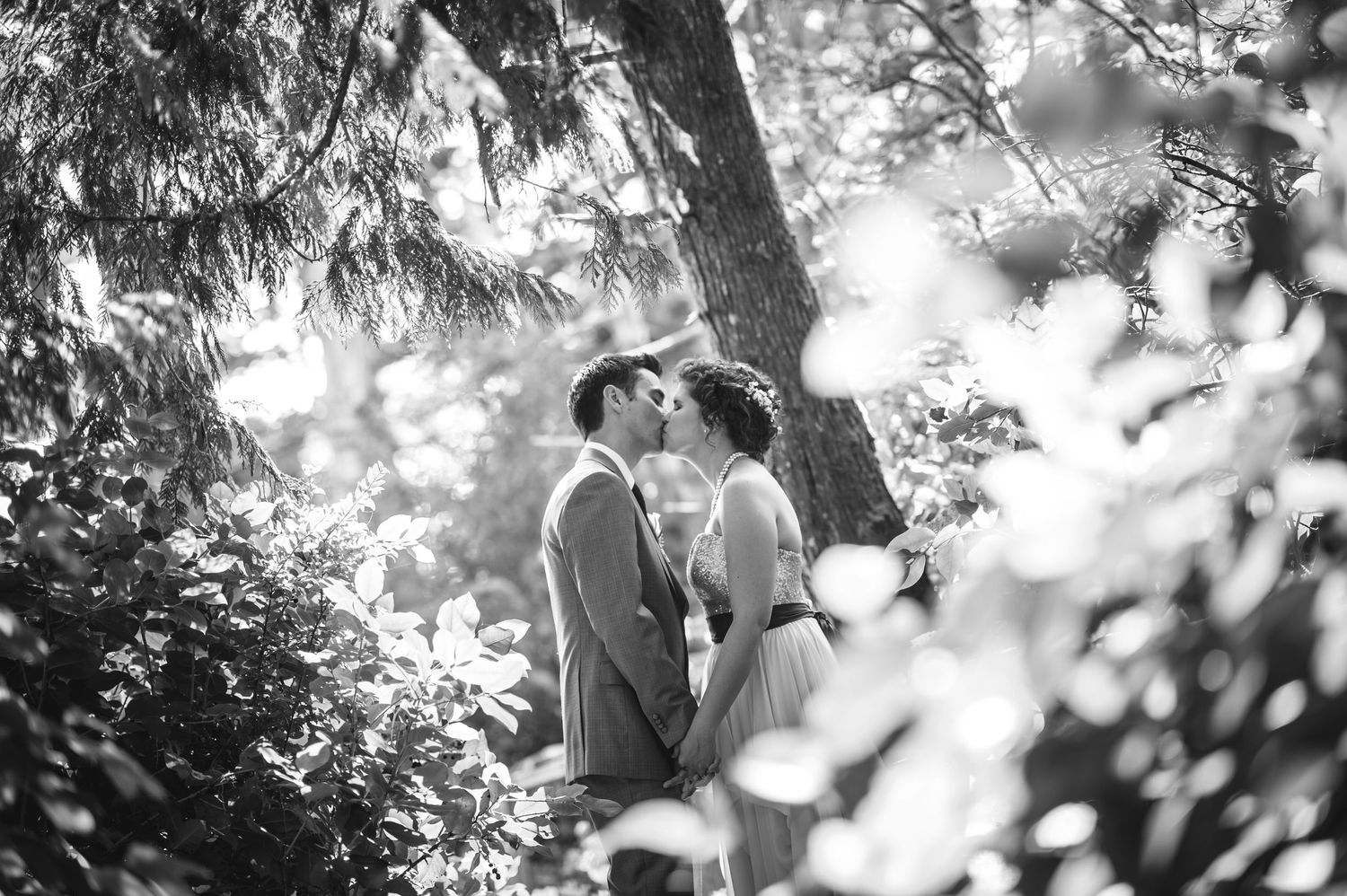 Romantic forest engagement photo session through tree branches.
