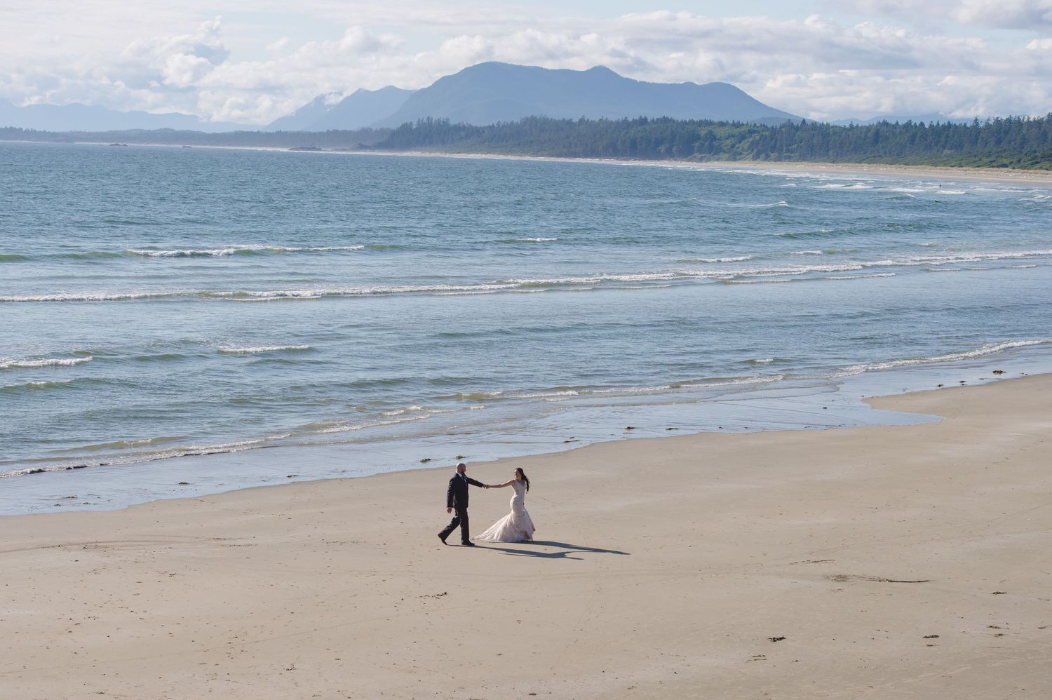 Dramatic coastal landscape with mountains and beach stretching into the distance.