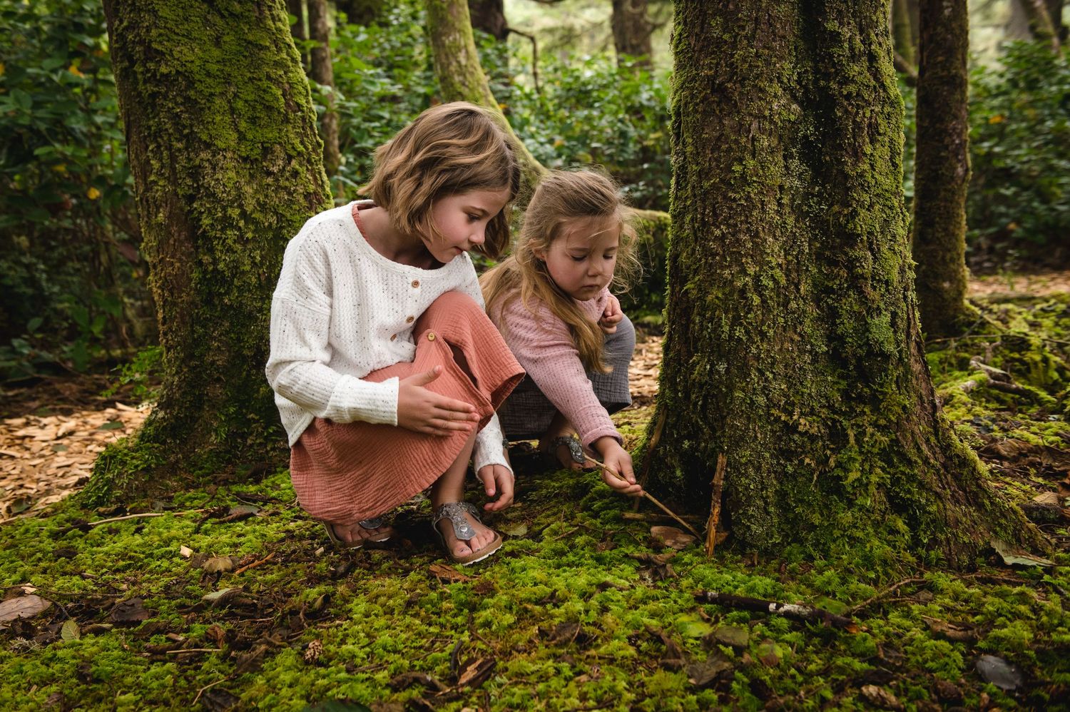 Intimate family photography session among moss-covered forest trees.
