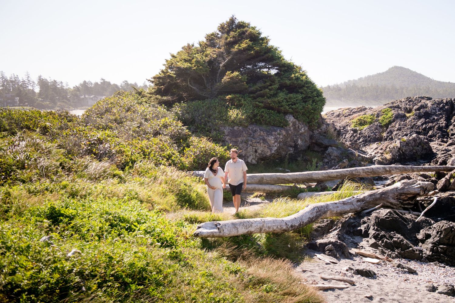 Panoramic view of a rocky coastline with mountains and ocean waves in the distance.
