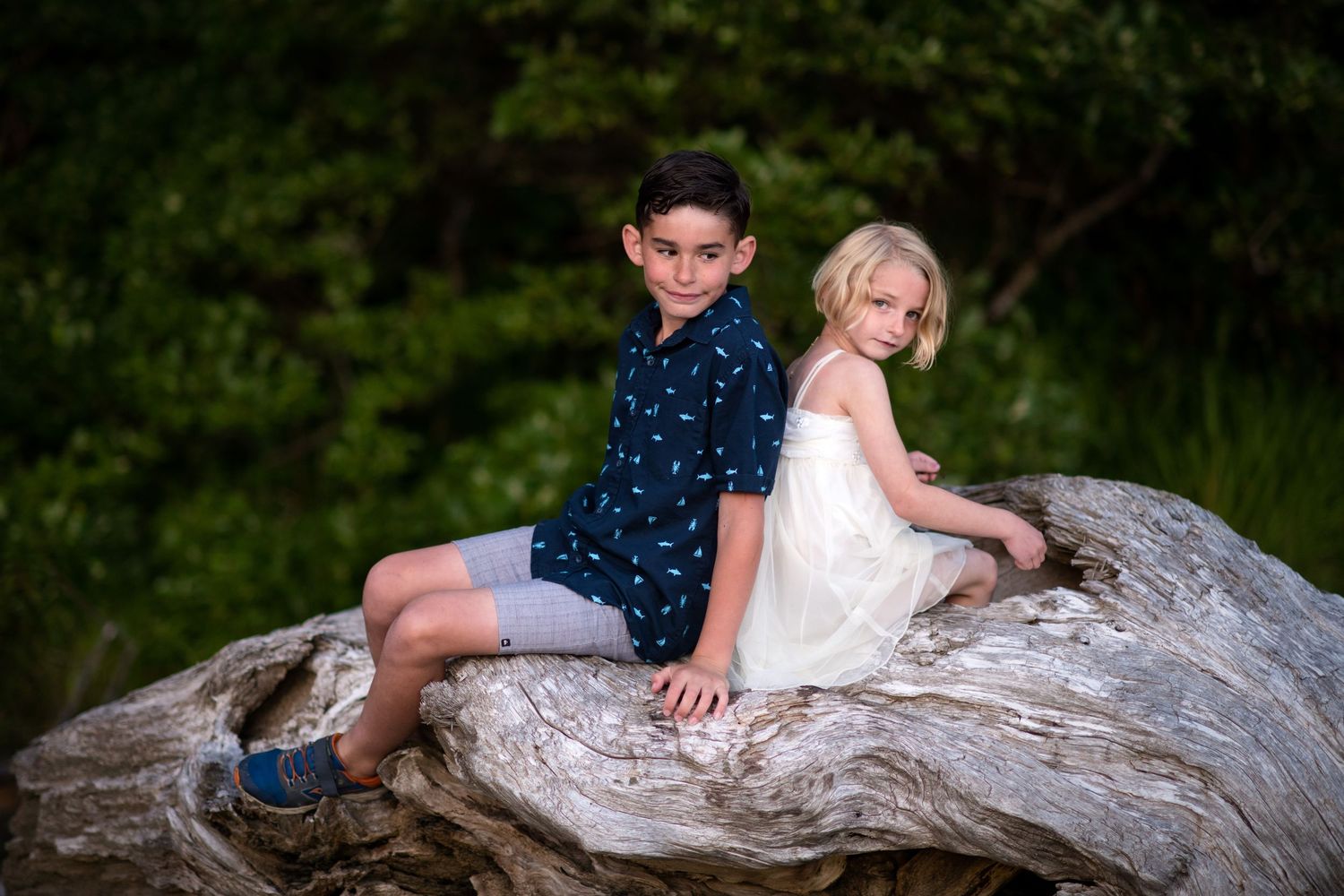Children sitting and playing on a large fallen log in a lush green forest setting.