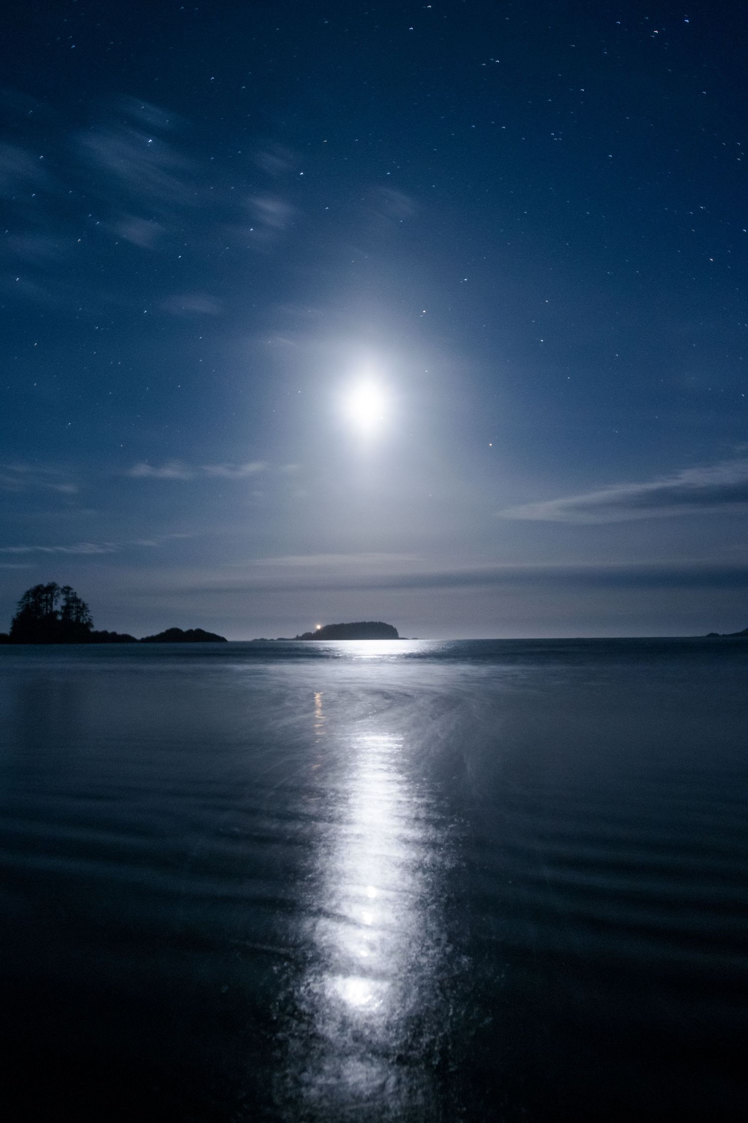 Moonlight creates a shimmering reflection path across dark ocean waters under a starlit sky.
