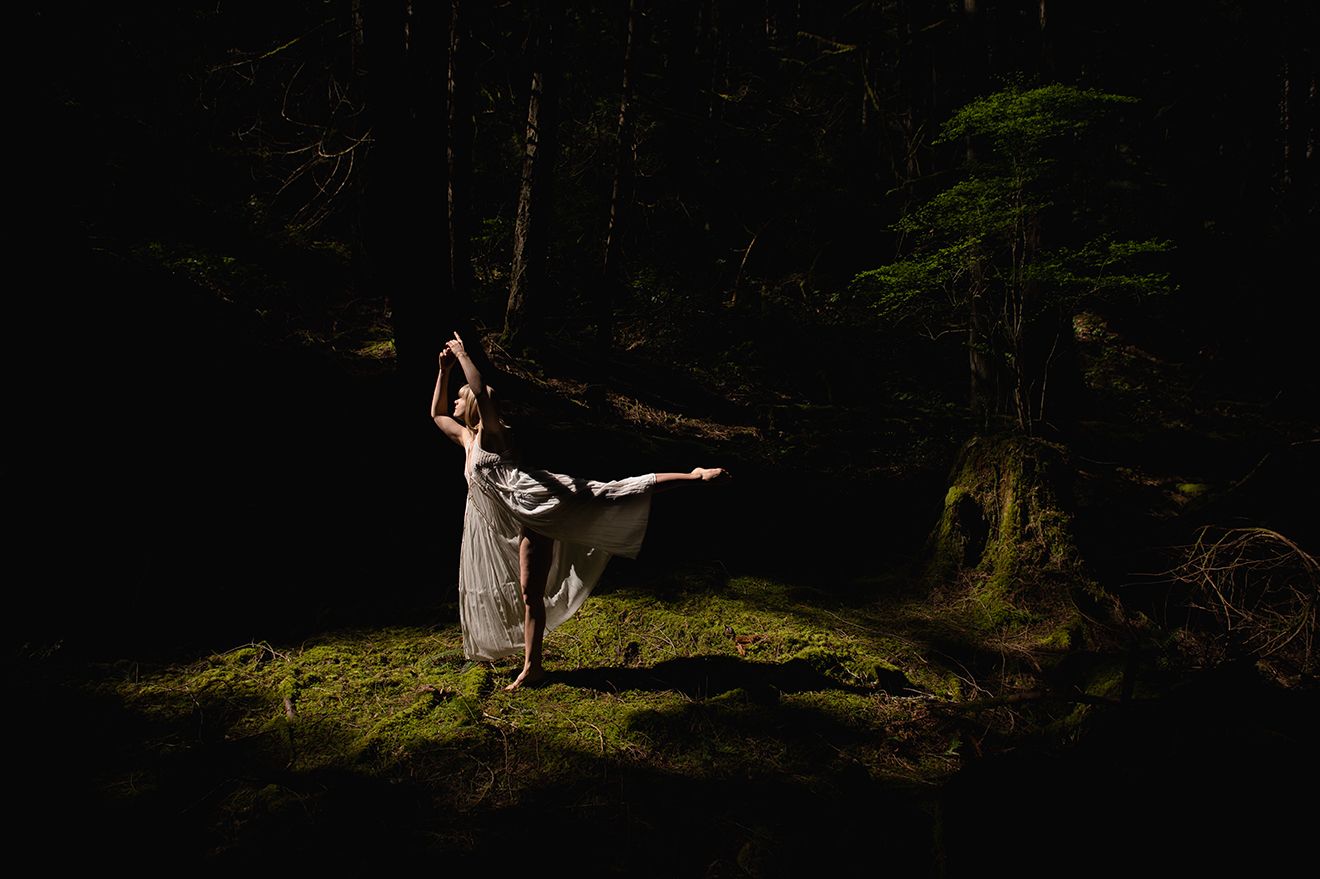 Dark silhouette figure stands in mystical foggy forest with dramatic lighting and shadows.