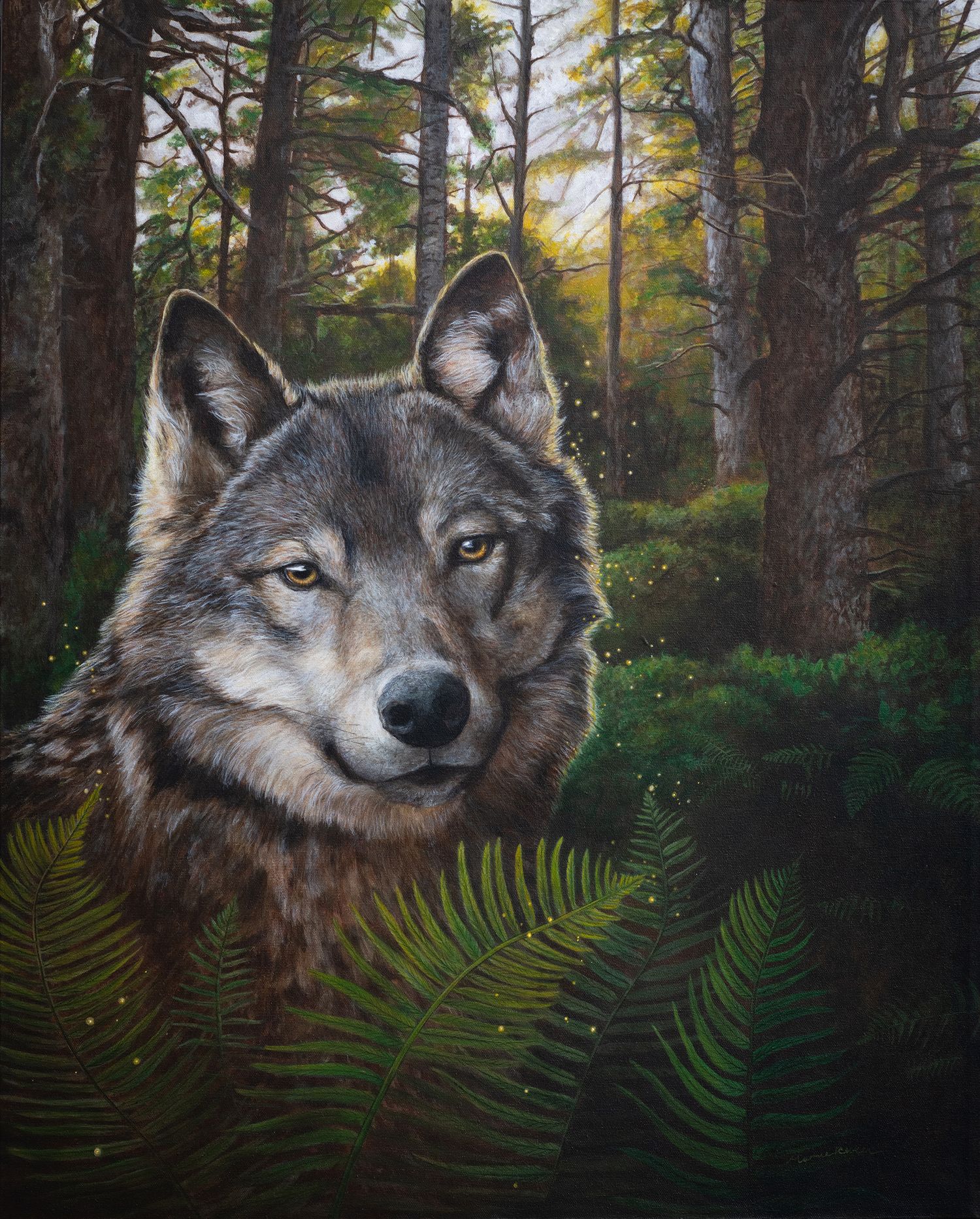A gray wolf portrait emerges from lush green ferns in a misty forest setting with golden sunlight filtering through trees.