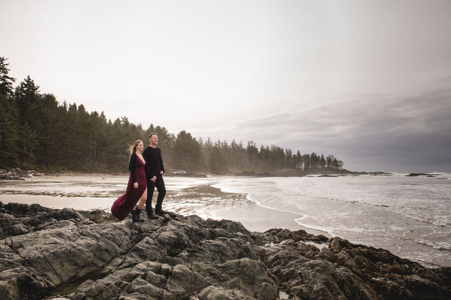 Misty coastal landscape with evergreen forest and dramatic ocean views.