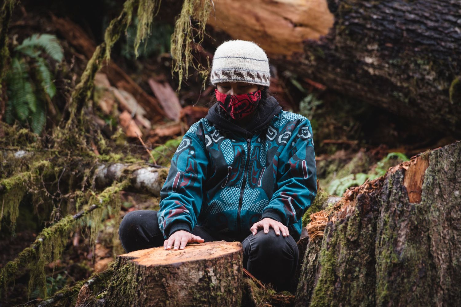 Fairy Creek blockade. People sitting on mossy fallen logs in dense Pacific Northwest forest.