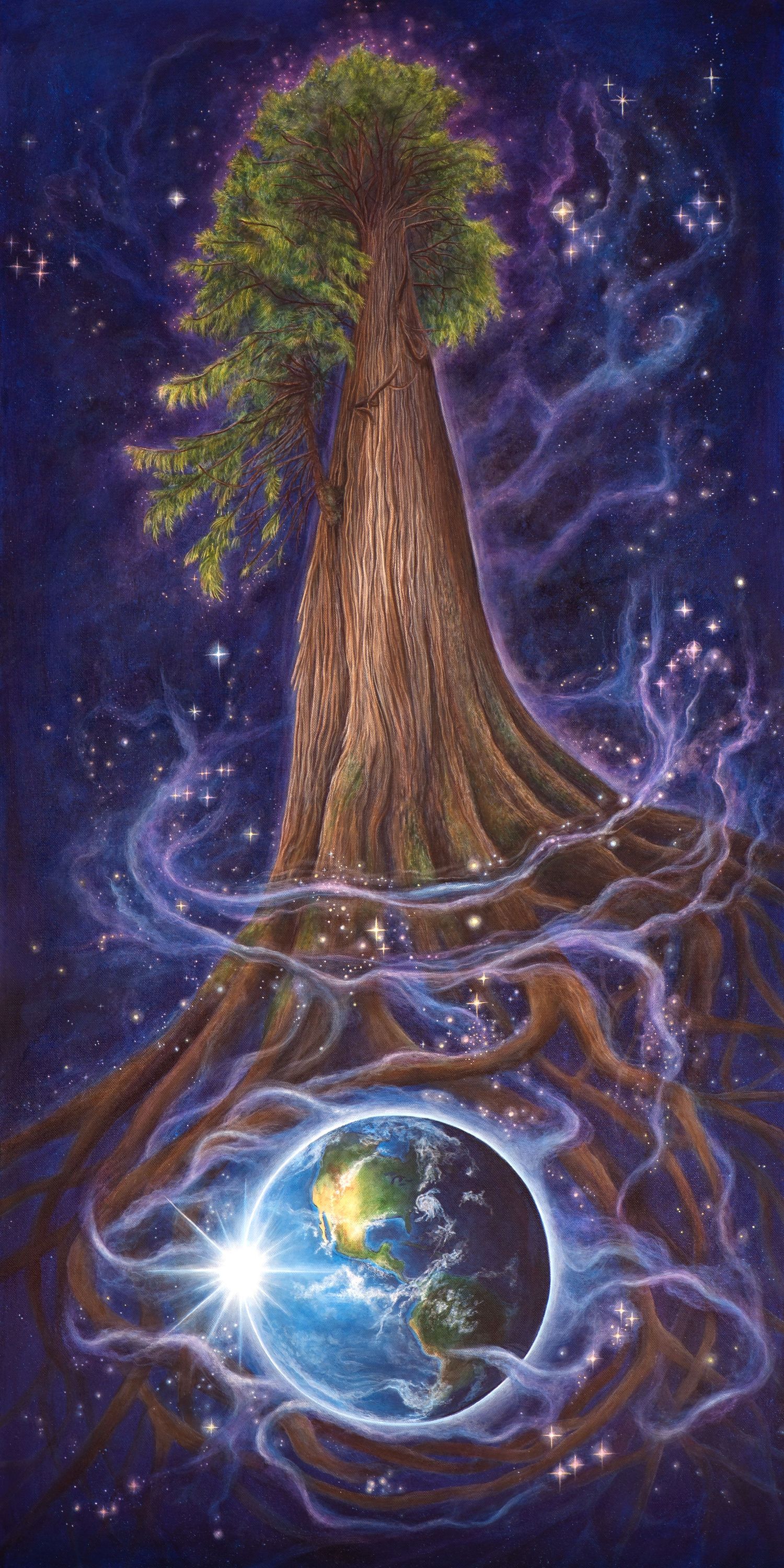 A sequence showing a cosmic tree with roots enveloping Earth against a starry space background, symbolizing nature and unity.