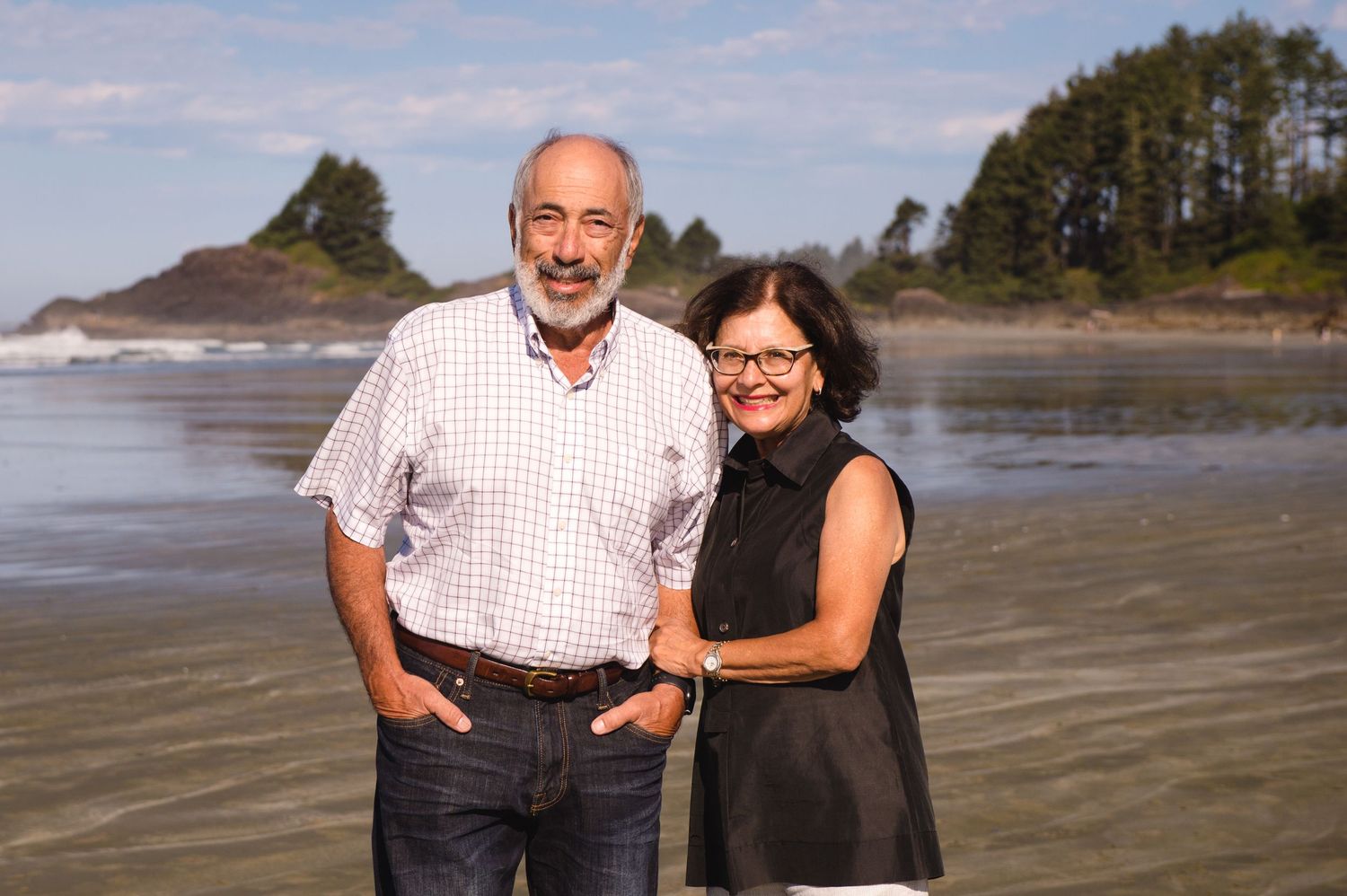 Casual beach portraits of couples and family members against coastal scenery.