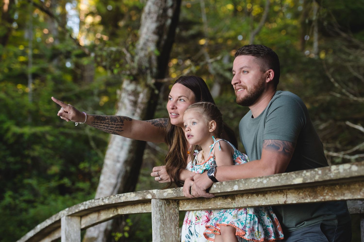 Small group enjoying nature views from elevated wooden bridge path through forest.