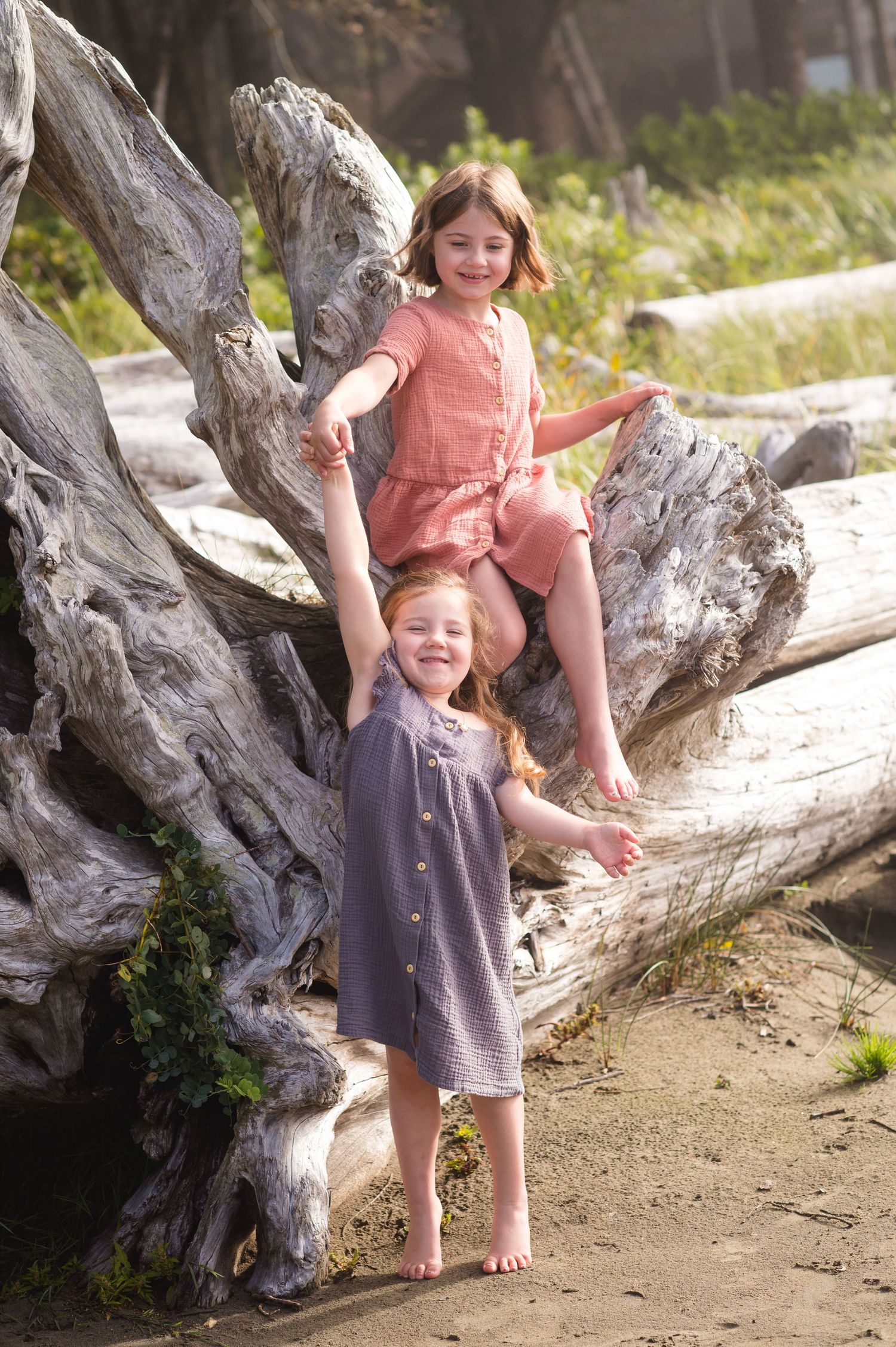 Two children play joyfully on bleached driftwood at the beach.
