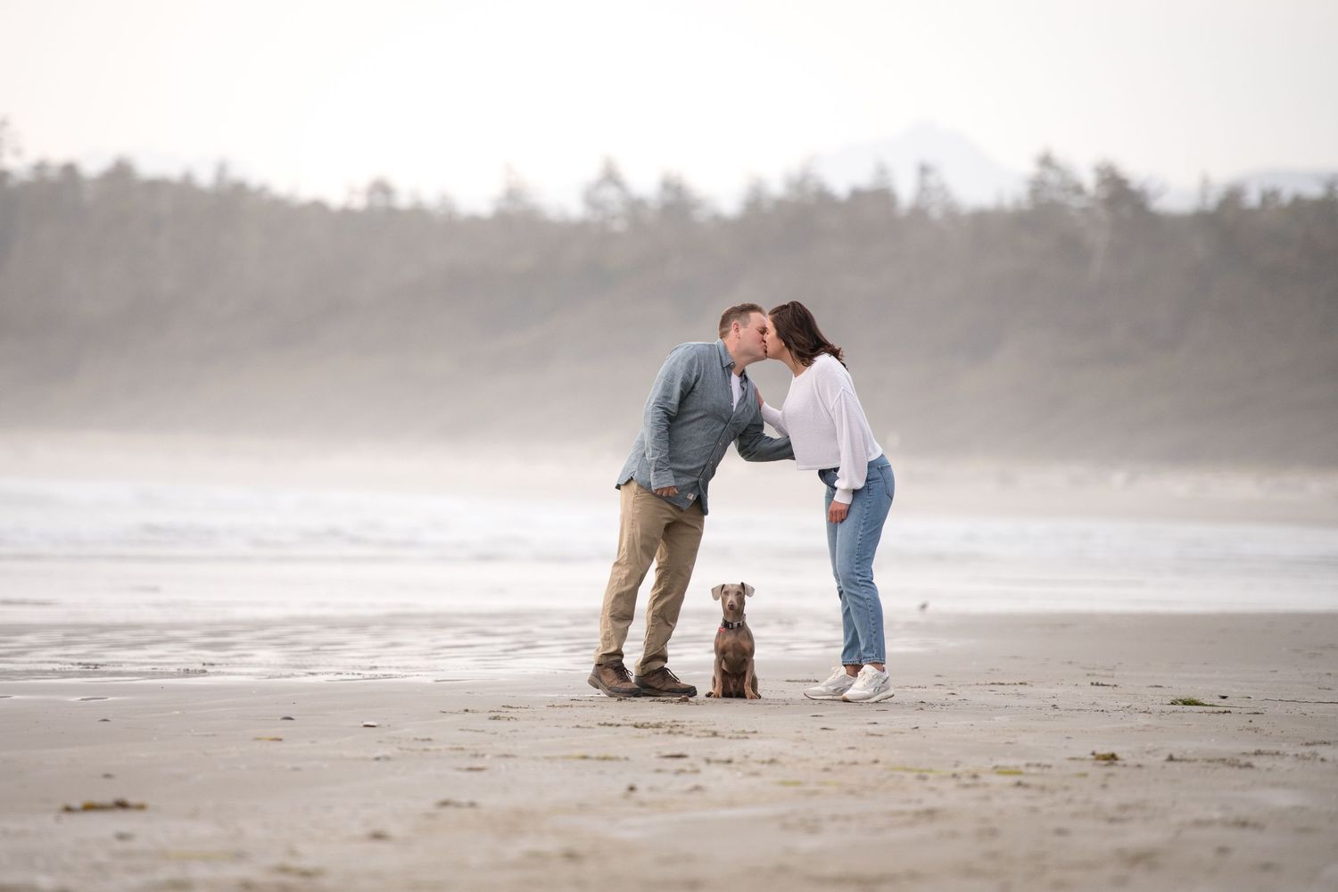 A couple shares an intimate moment on the beach with their small dog at sunset.