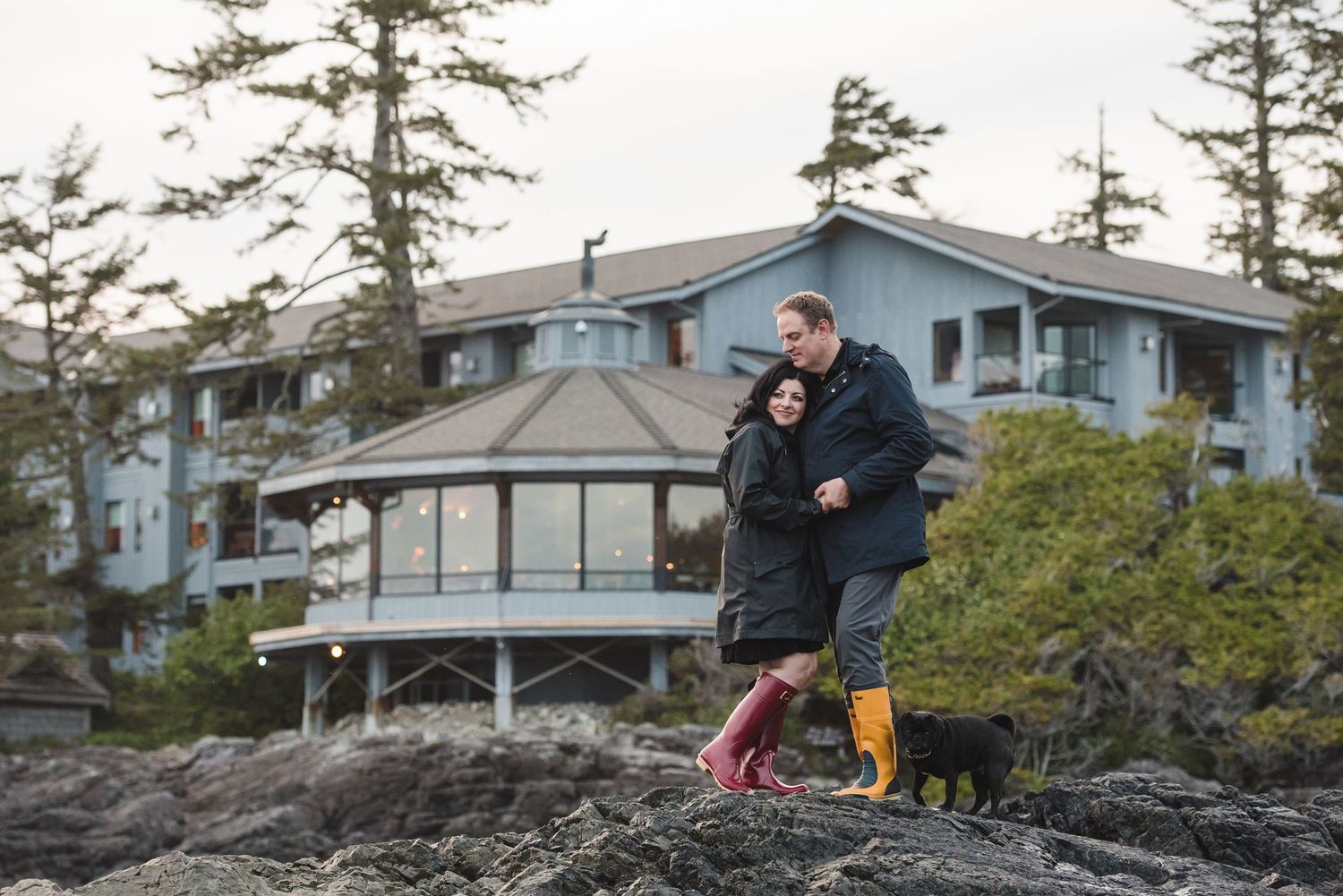 A row of waterfront homes nestled among evergreen trees along a rocky Pacific Northwest coastline.