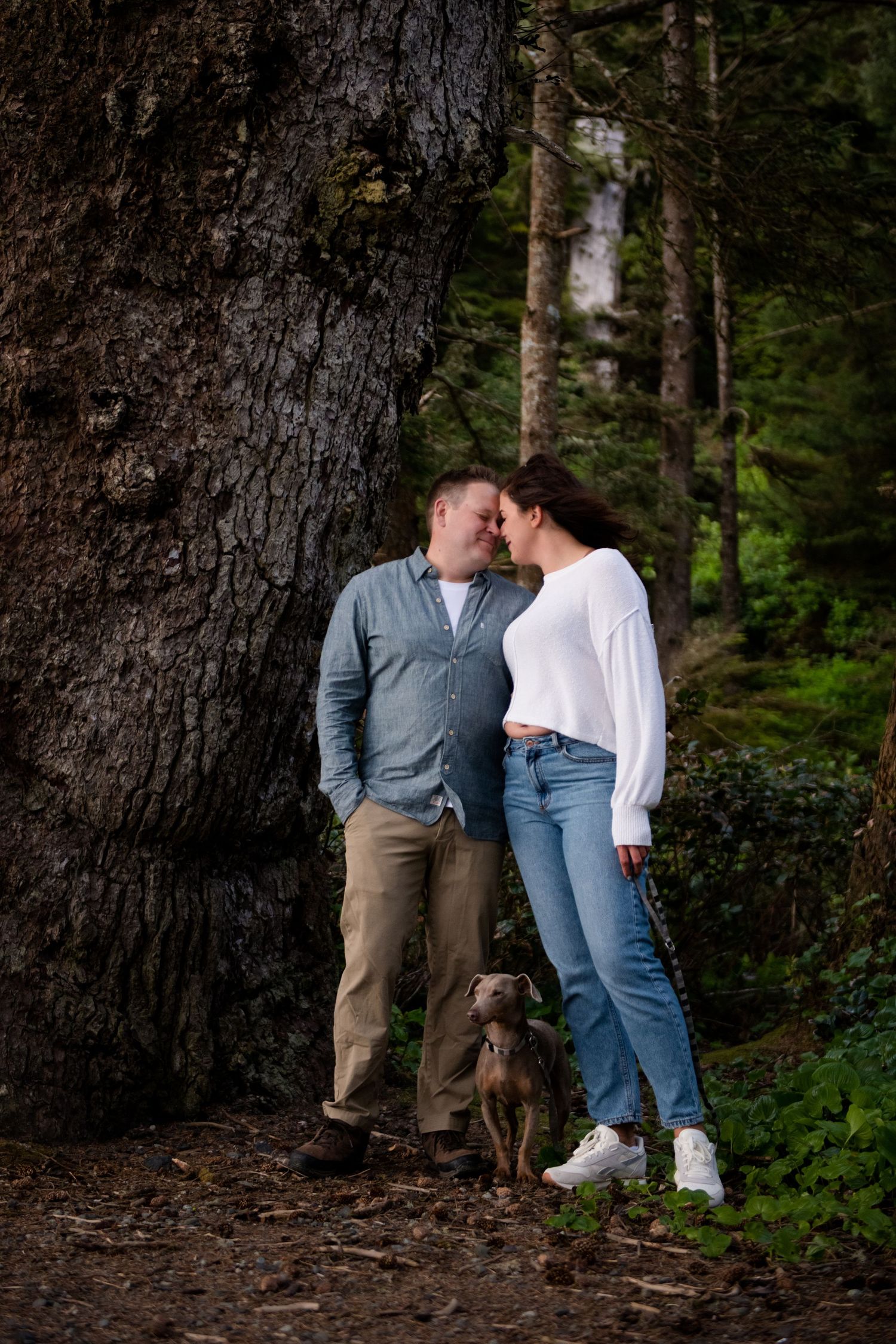 A couple embraces near a large tree trunk in a lush forest with their dog.