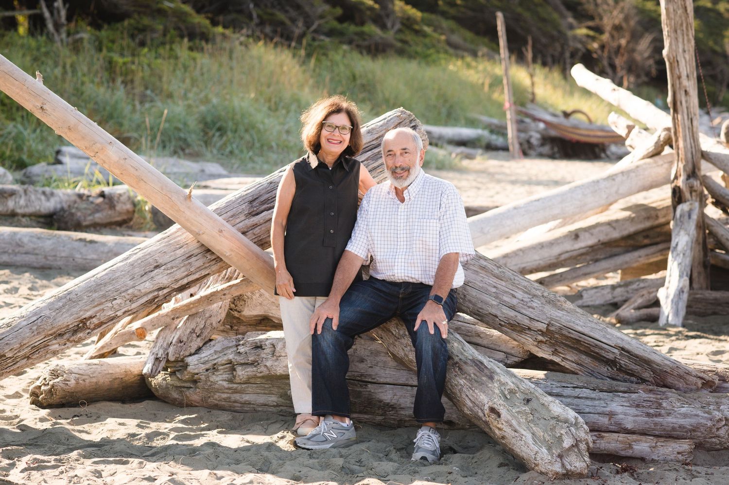 Natural beach setting with driftwood logs scattered along the shoreline.