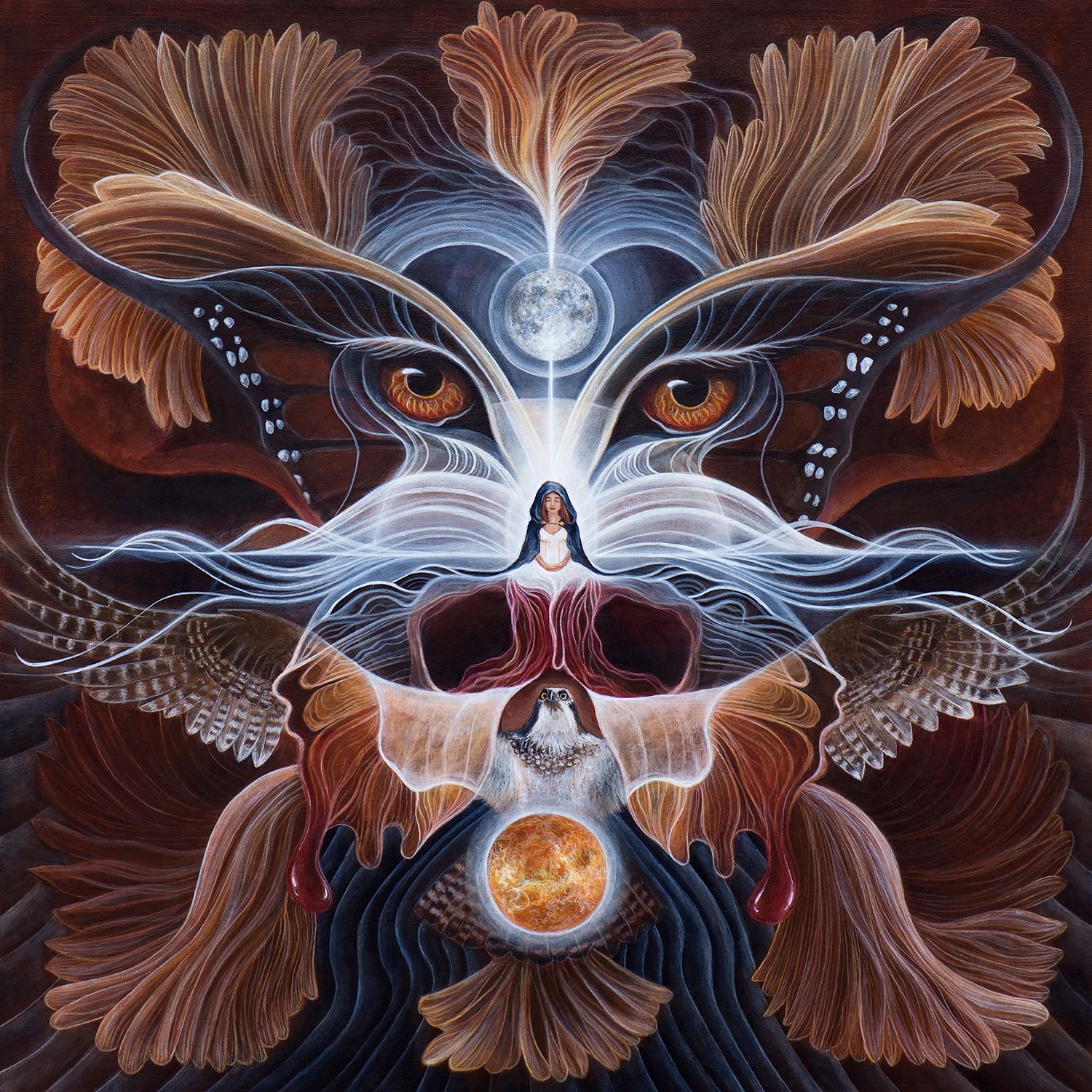 Mystical fantasy art featuring brown feathers, glowing orbs, and ethereal light effects in a symmetrical spiritual composition.