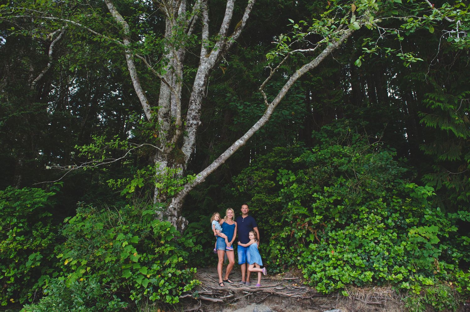 A group enjoying a nature walk along a wooded trail beneath a large branching tree on a summer day.