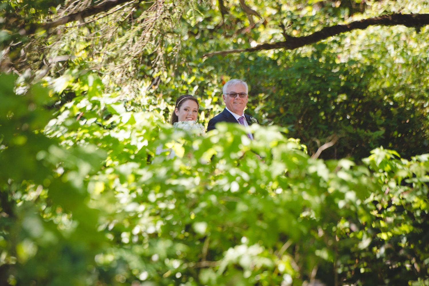 Sunlit green foliage and trees creating a natural wedding ceremony backdrop.
