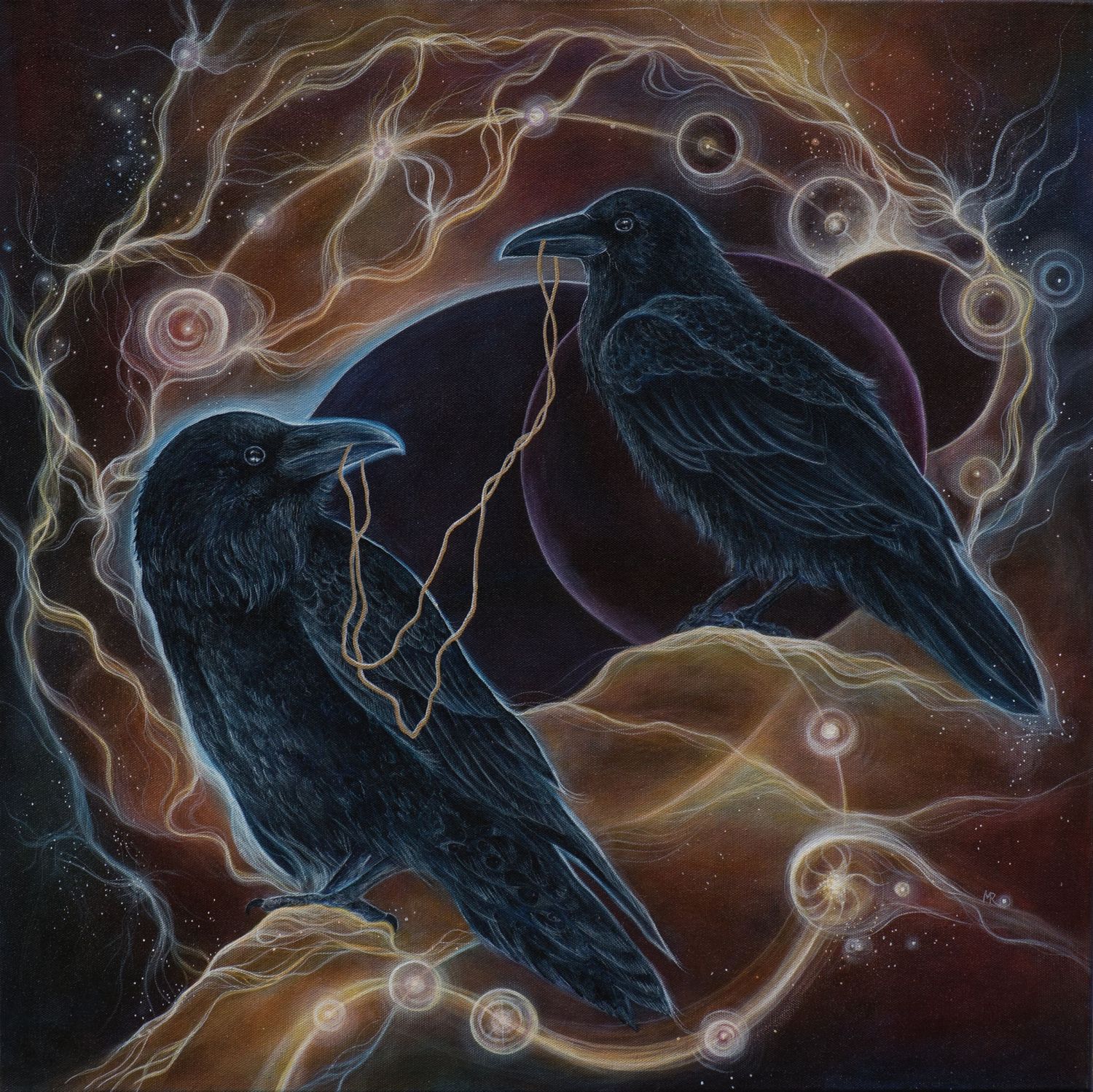 Mystical artwork of two ravens surrounded by glowing ethereal swirls and orbs against a dark cosmic background.