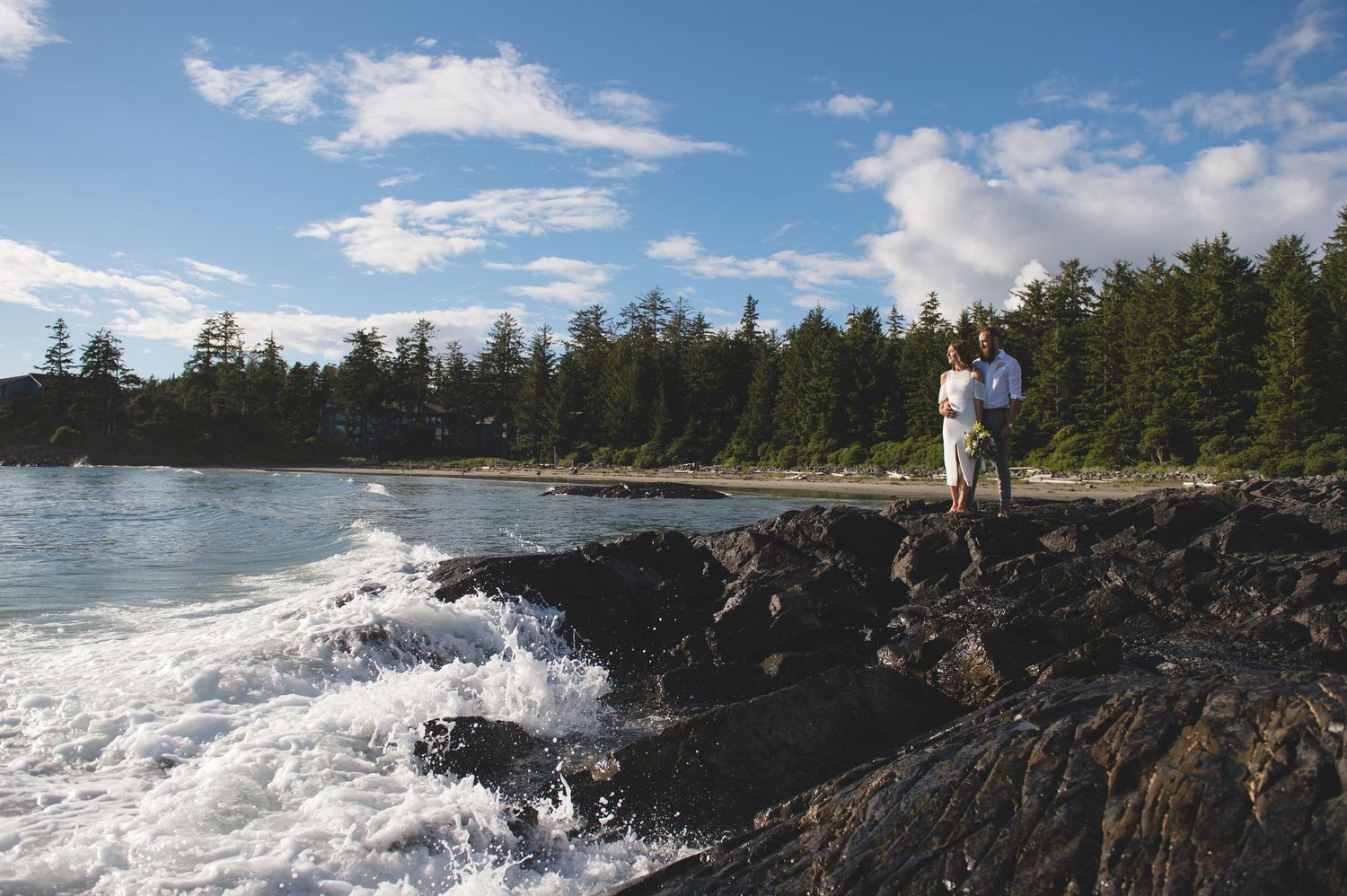 Dramatic coastal landscape with crashing waves against rocky cliffs and evergreen forest under blue skies.