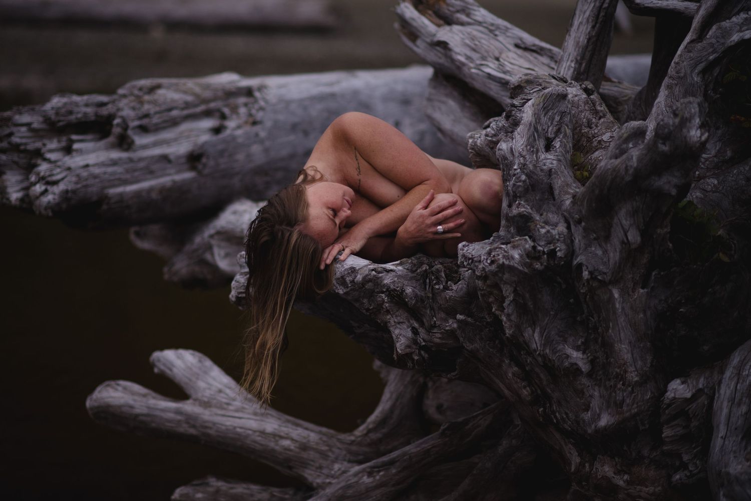 Intimate nature photography of a person lying on weathered driftwood near still water at dusk.