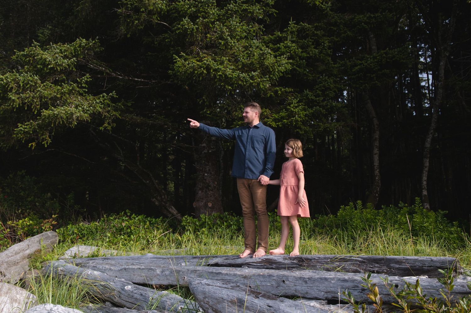 Two figures stand on a large rock formation pointing into the distance near a forest.