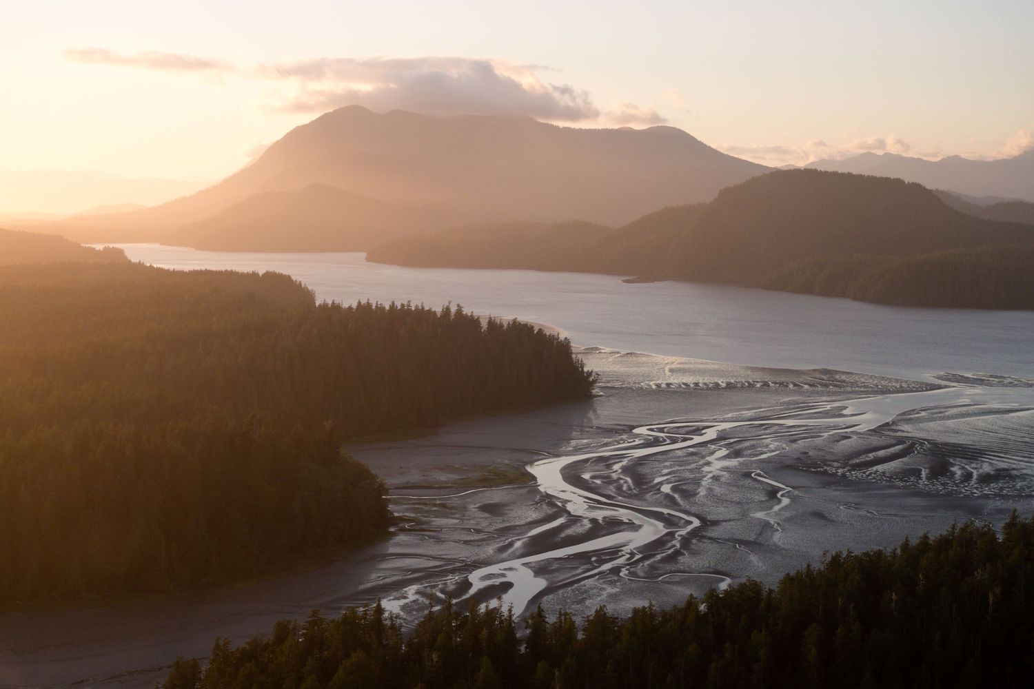 Aerial view of a winding river estuary at golden sunset surrounded by forested mountains.