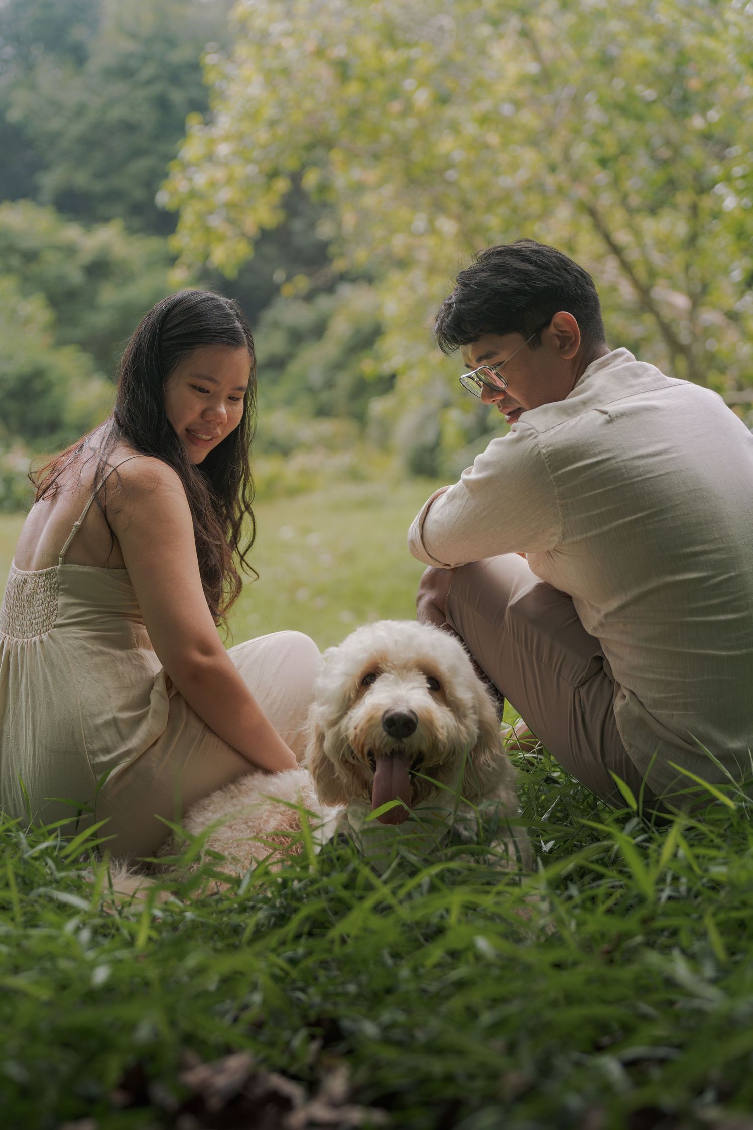 Couple sitting on grass in a park petting their fluffy white dog outdoors.