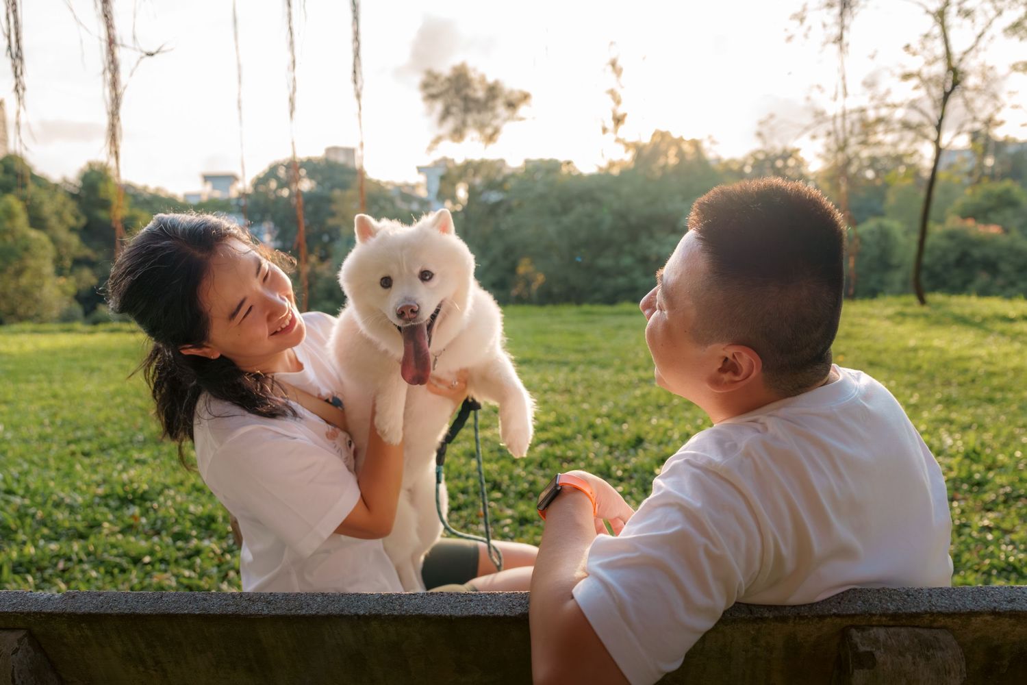 A couple sharing a joyful moment with their white dog on a park bench at sunset.
