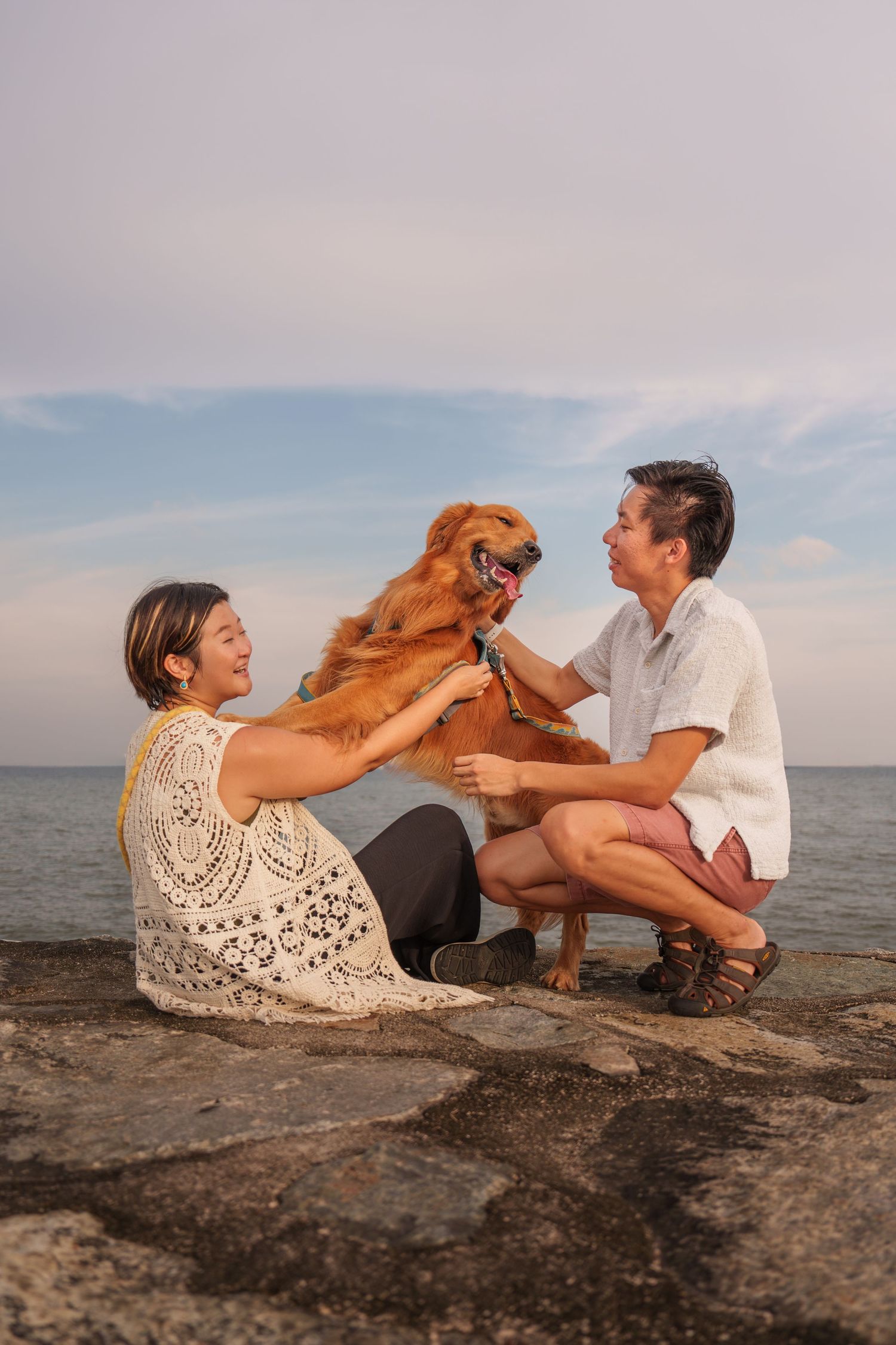 A couple sits on rocky beach at sunset playing with their happy golden retriever dog against ocean backdrop at East Coast Park Singapore