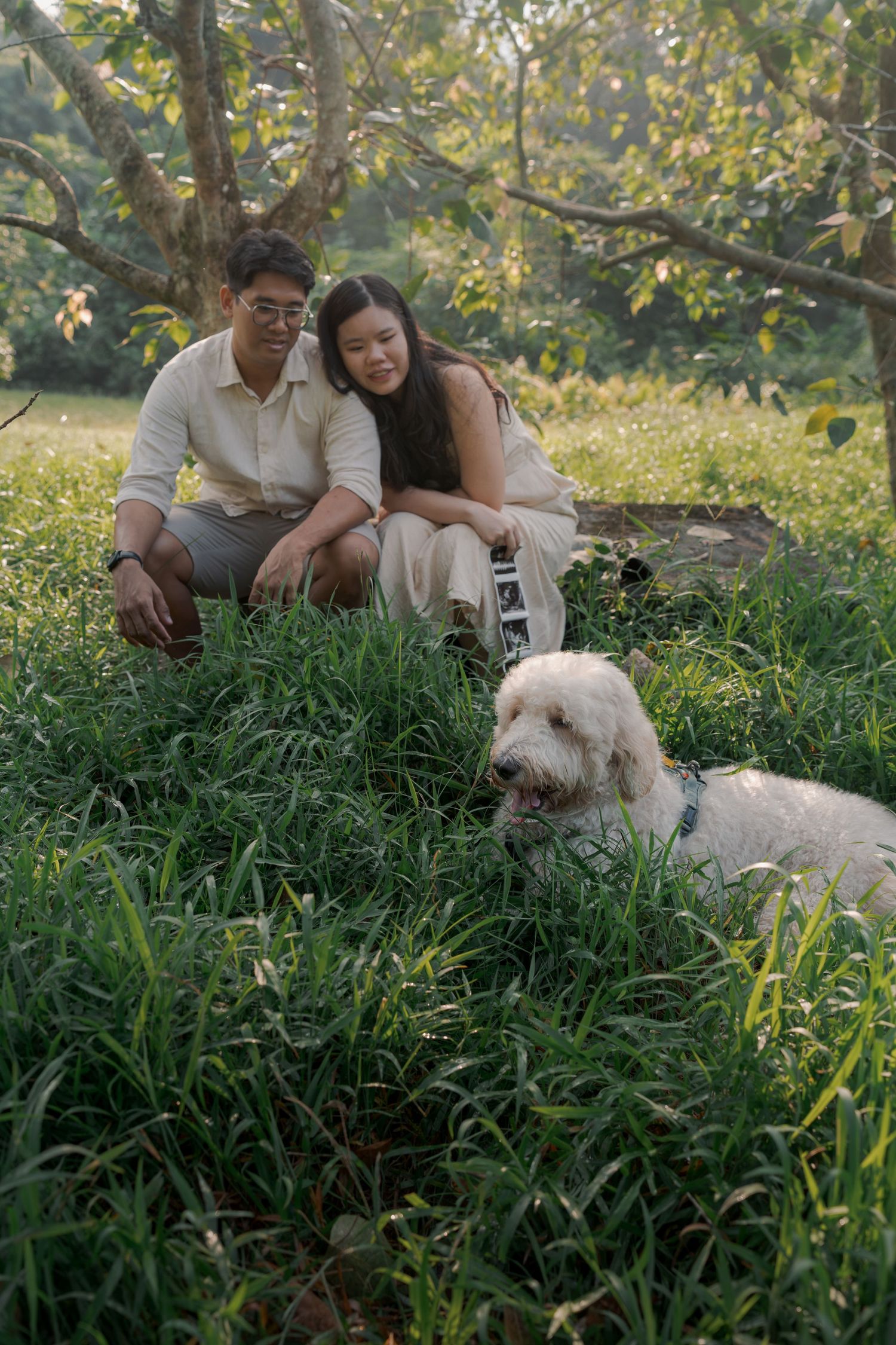 A couple sits in lush green grass with a fluffy white dog resting nearby under shaded trees.