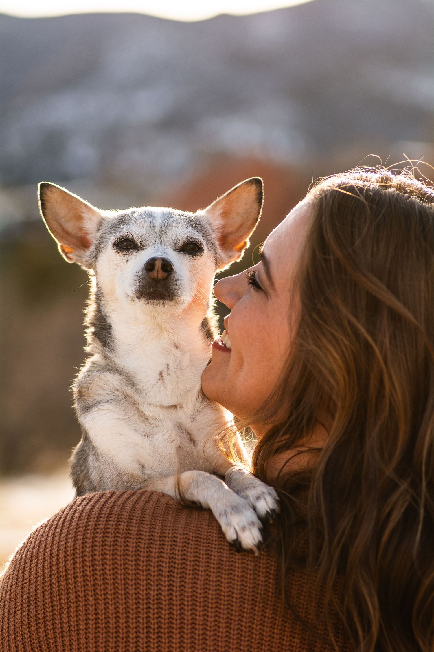 Woman nuzzling her small Chihuahua dog perched on her shoulder in golden sunlight.