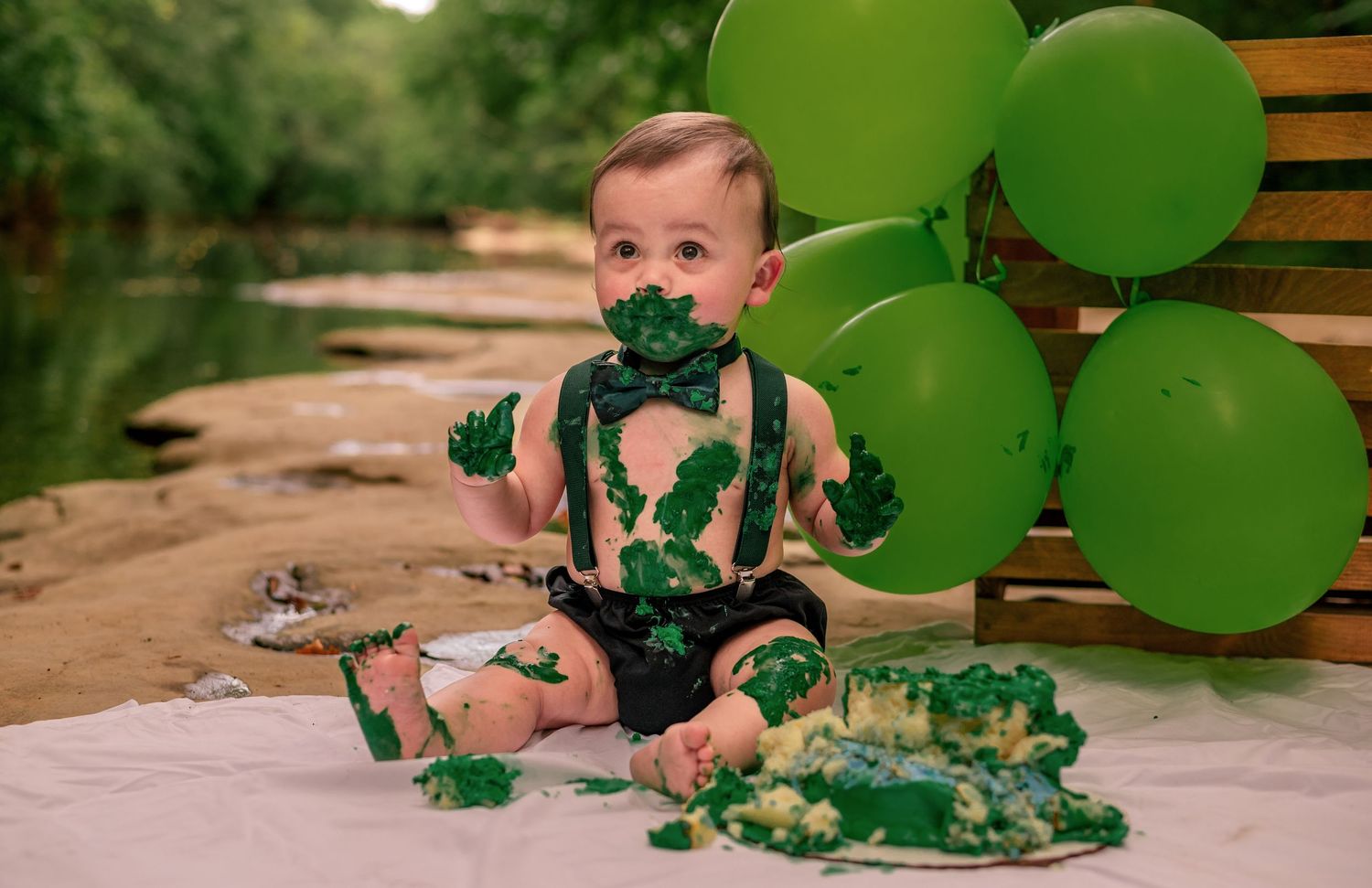 cake smash session of adorable baby boy wearing bow tie covered in green frosting, sitting on flat rocks next to the waters edge, Huntsville