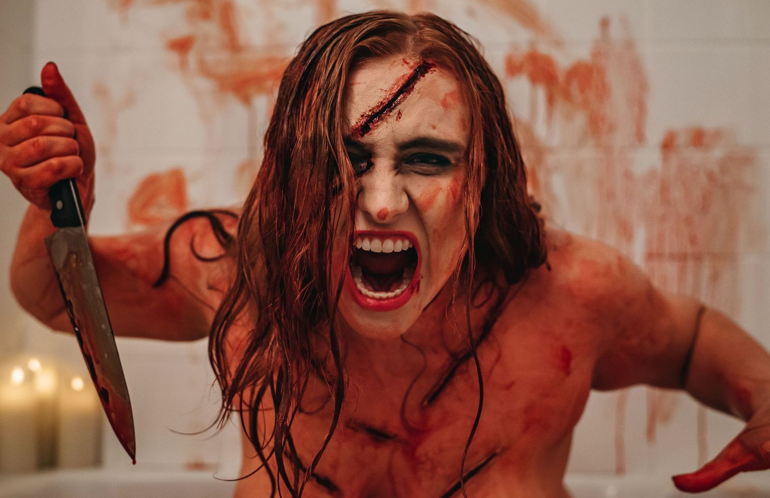 girl holding knife scream at camera, cover in SFX scars and fake blood, inspired by The Angry Princess of 13 Ghosts, by Catch Your Fire