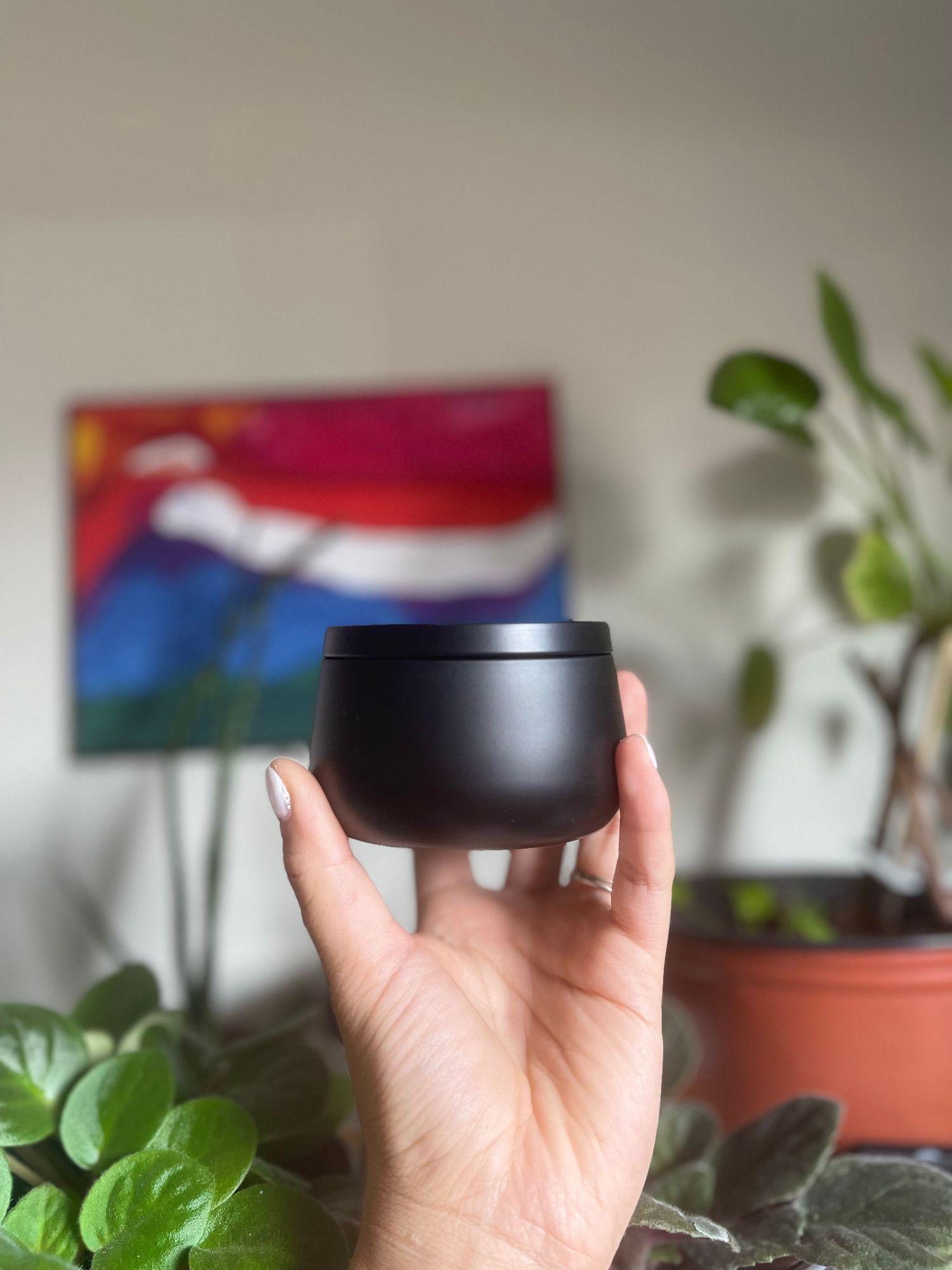 Hand holding a matte black candle tin with green plants and colorful abstract painting in the background.