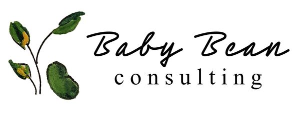 A green and white logo design for Baby Bean Consulting featuring leaf motifs and elegant typography.