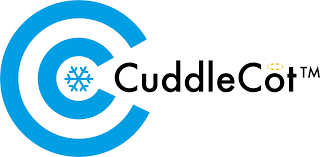 A blue and white CuddleCot logo design featuring snowflake symbols and text against a white background.